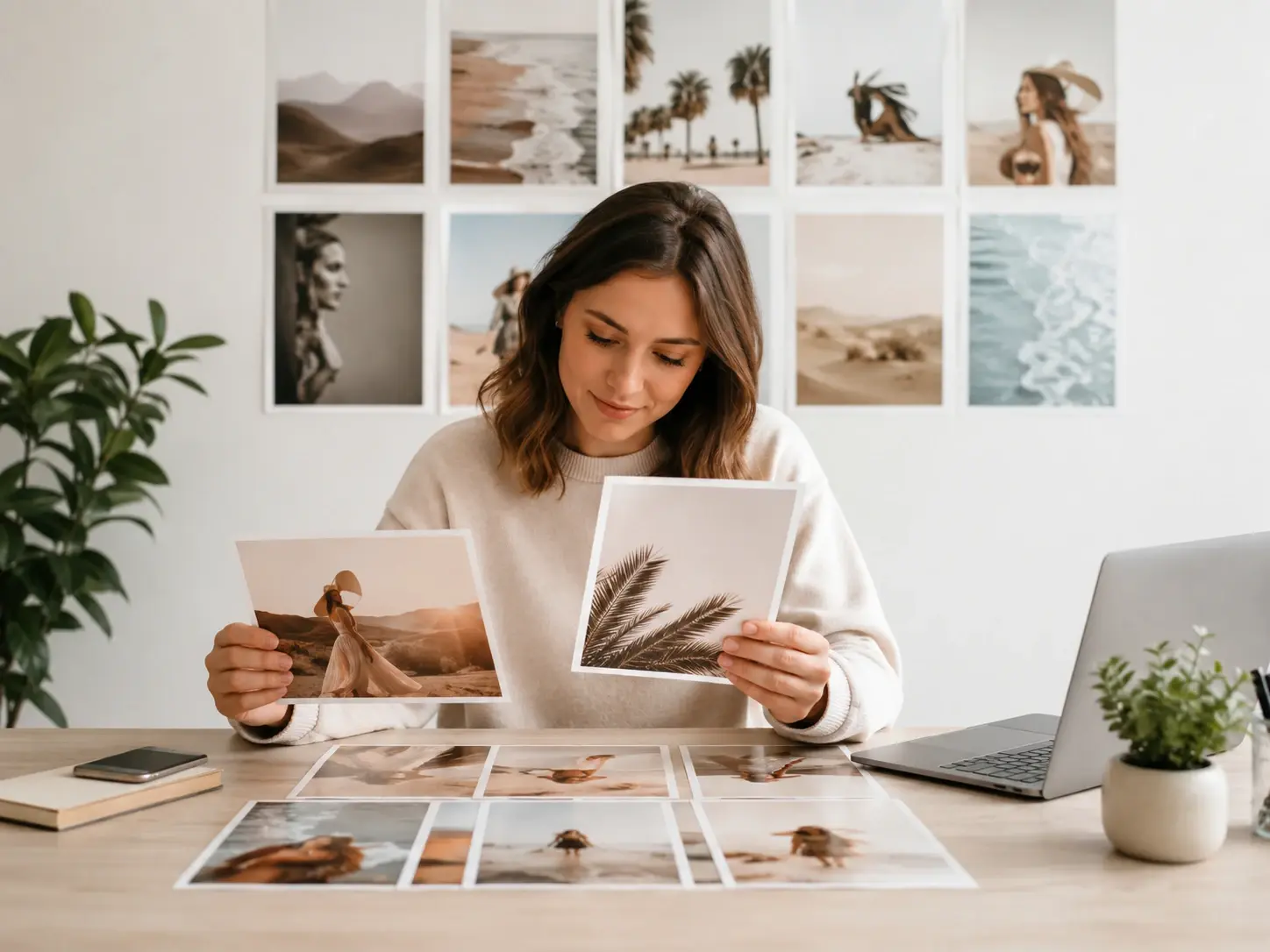 Brand content editor reviewing a set of campaign photos enhanced to one coordinated tone