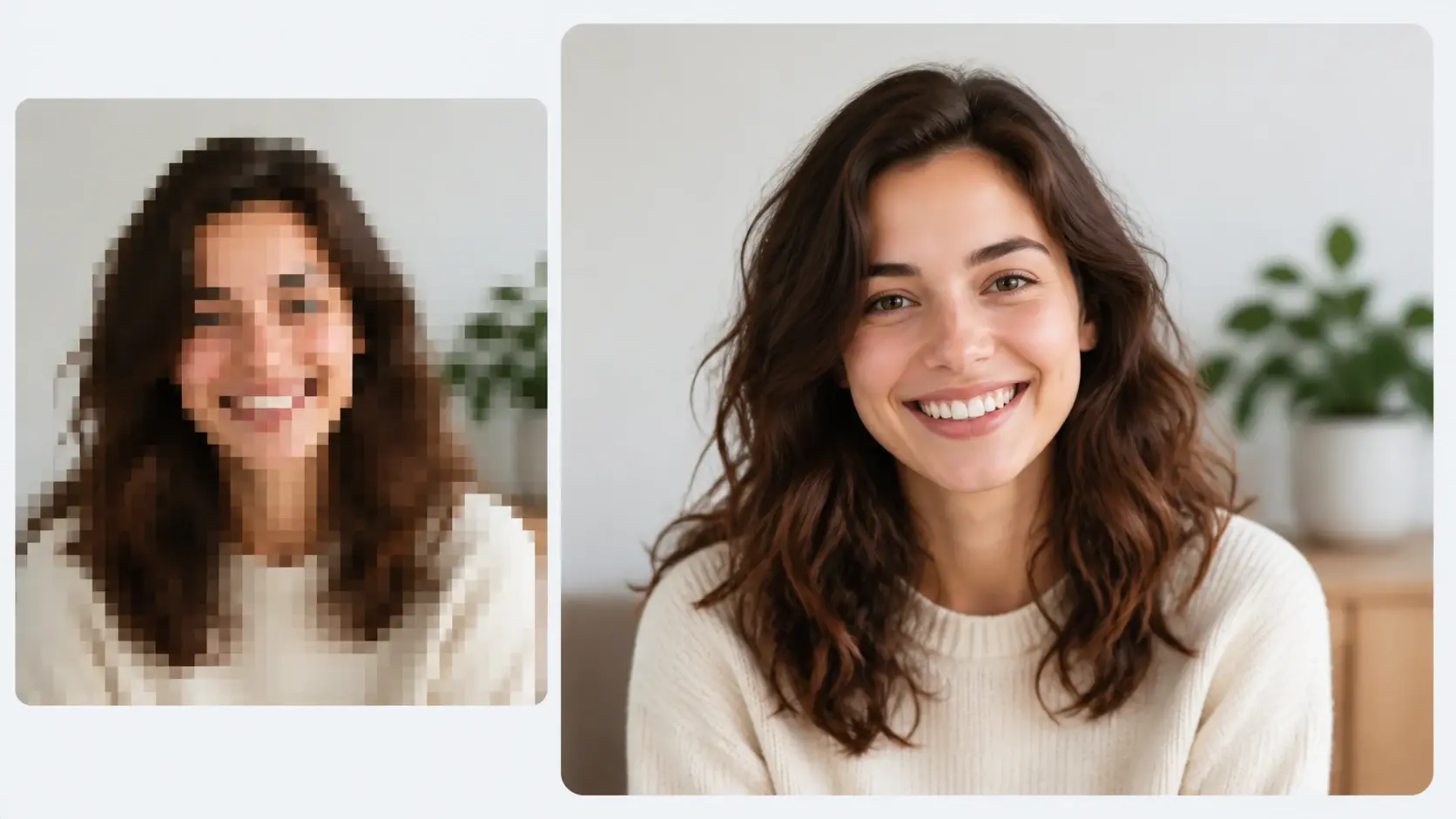 A blocky low resolution photo beside the same photo enlarged with clean rebuilt edges
