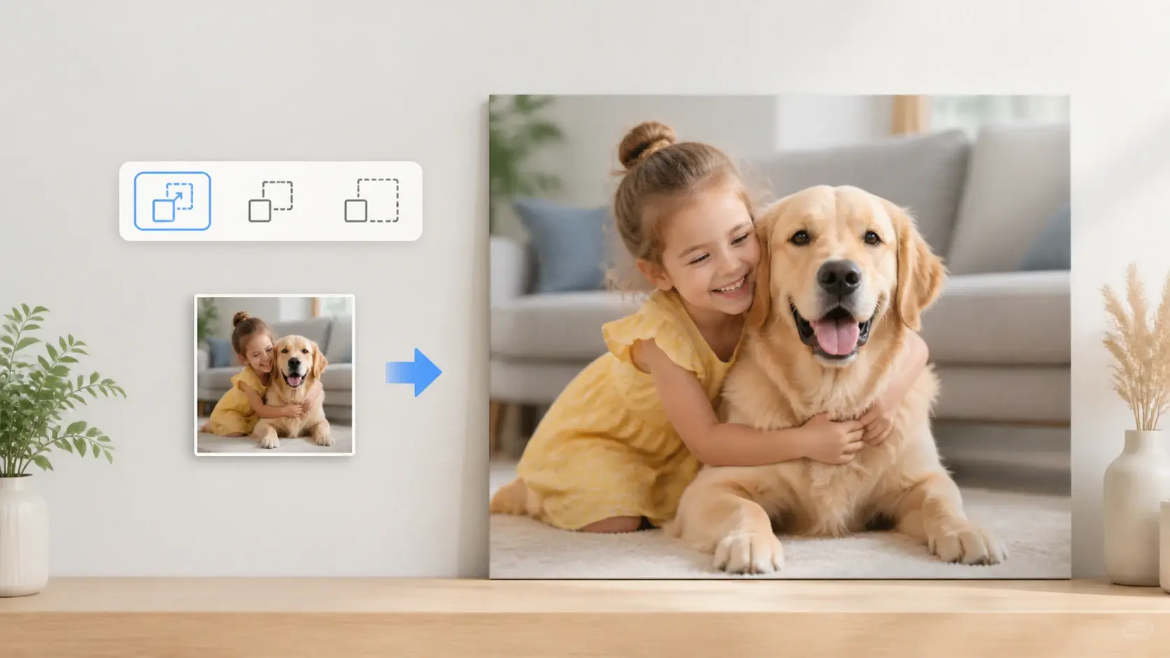 A size menu showing 2x, 4x and 8x above a small photo being blown up to poster size
