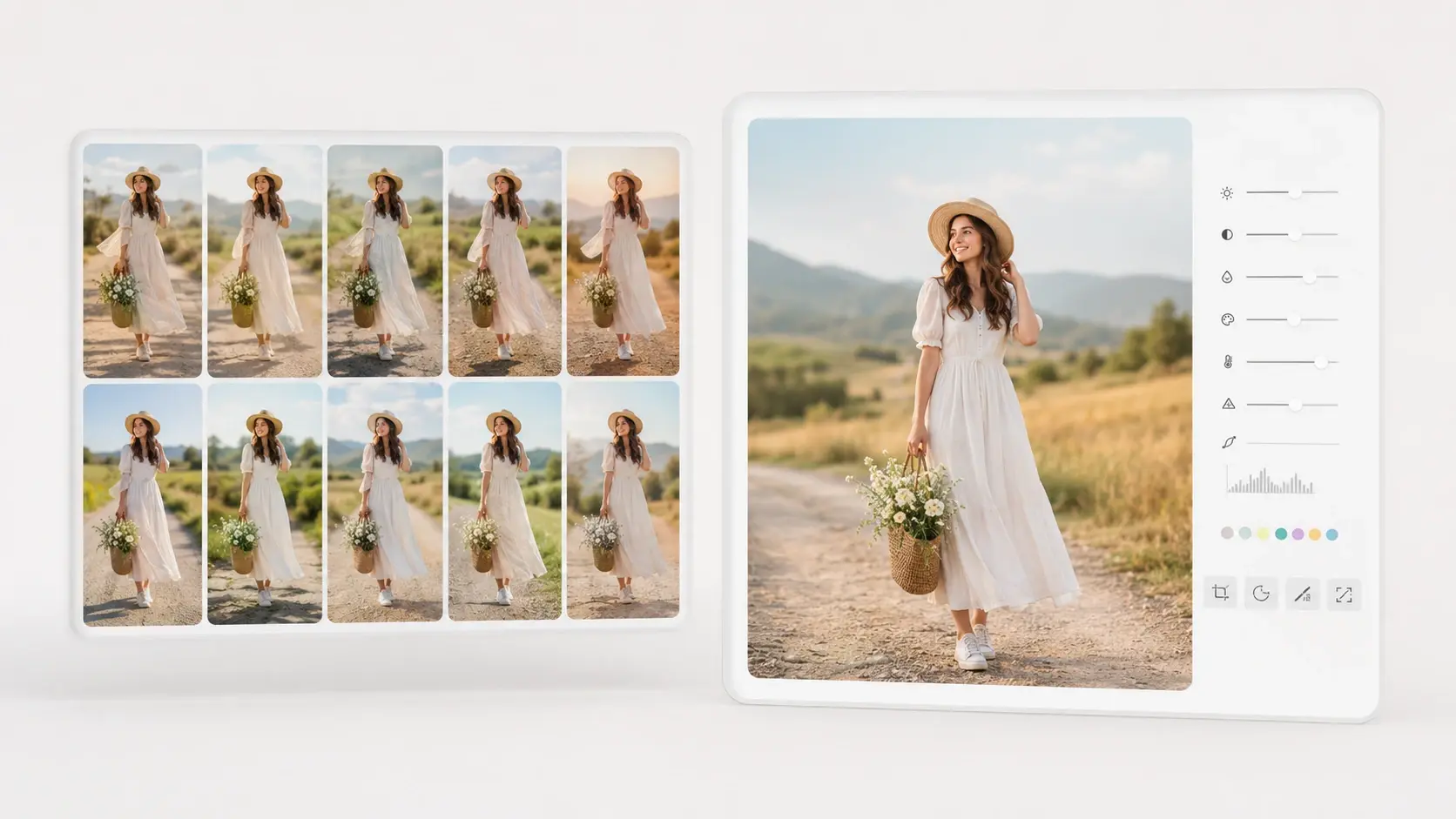 Batch of merged images beside a visual editor panel for small adjustments