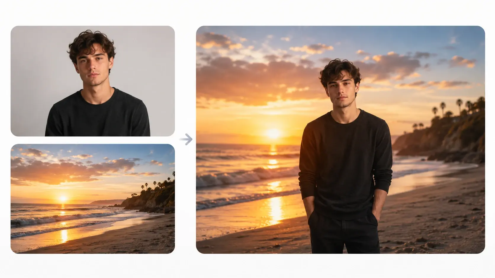 Two uploaded photos blended by image merge into one picture with matched light and mood