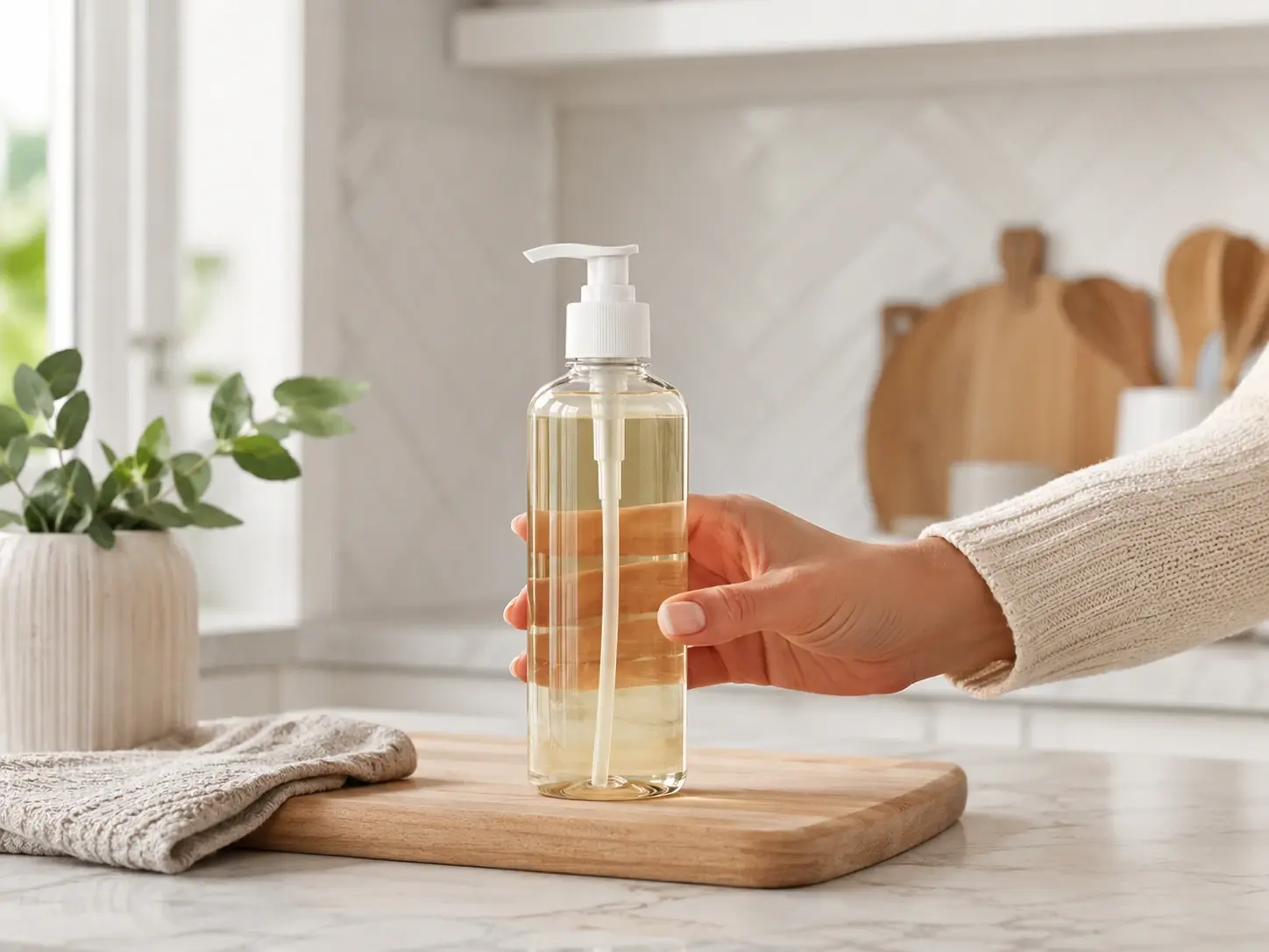 Ecommerce seller placing a bottle packshot into a kitchen scene with image merge