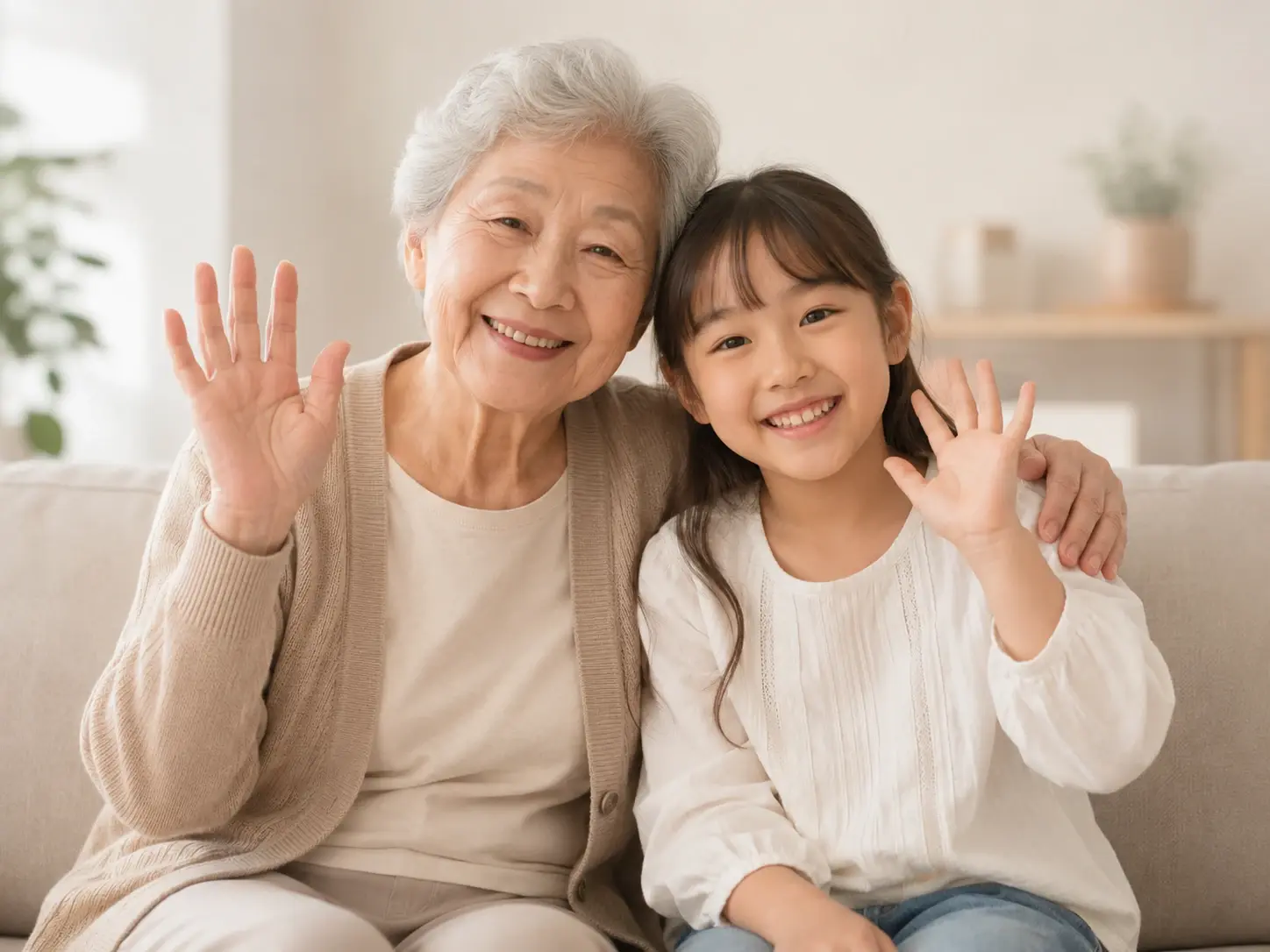Grandparent and grandchild from two cities merged into one keepsake portrait