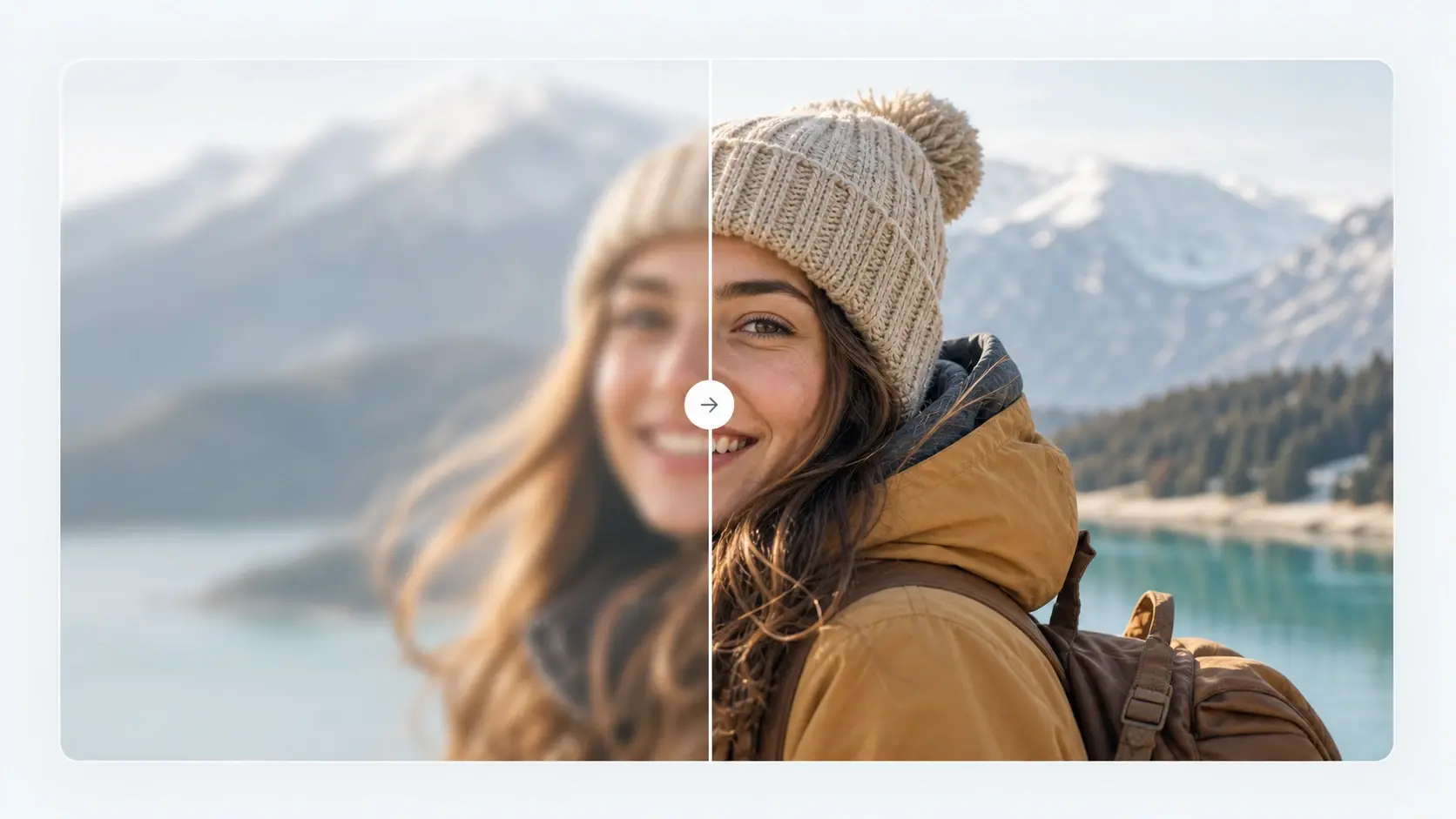 Soft uploaded photo on the left becoming a sharp, detailed image sharpener result on the right