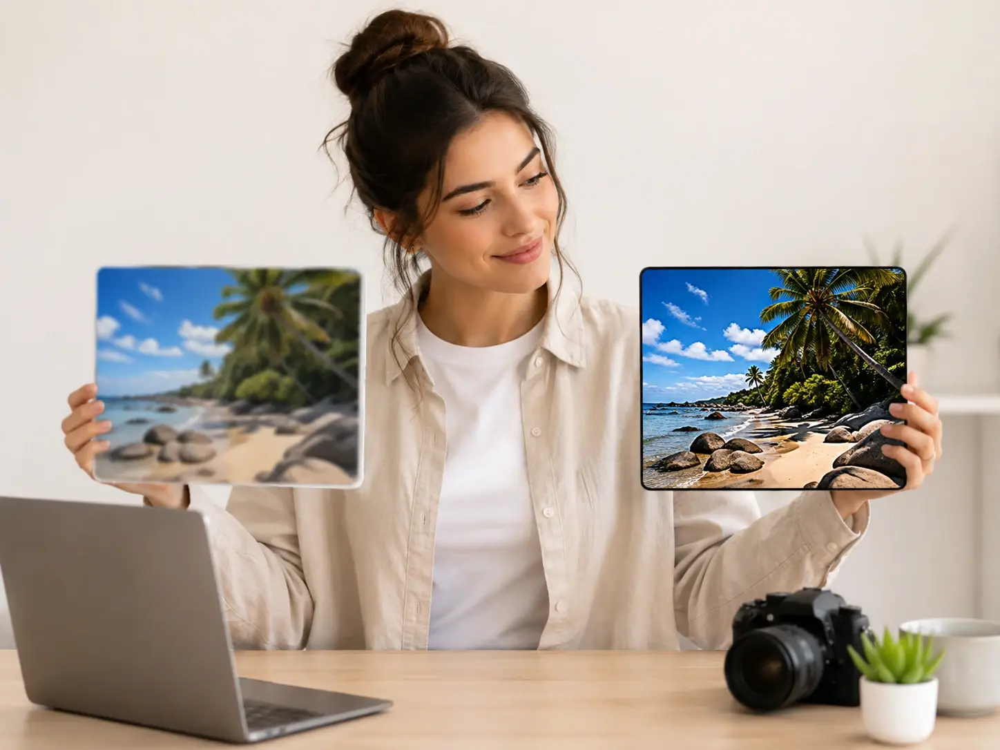 Content creator checking a sharpened social post image beside a blurry original version