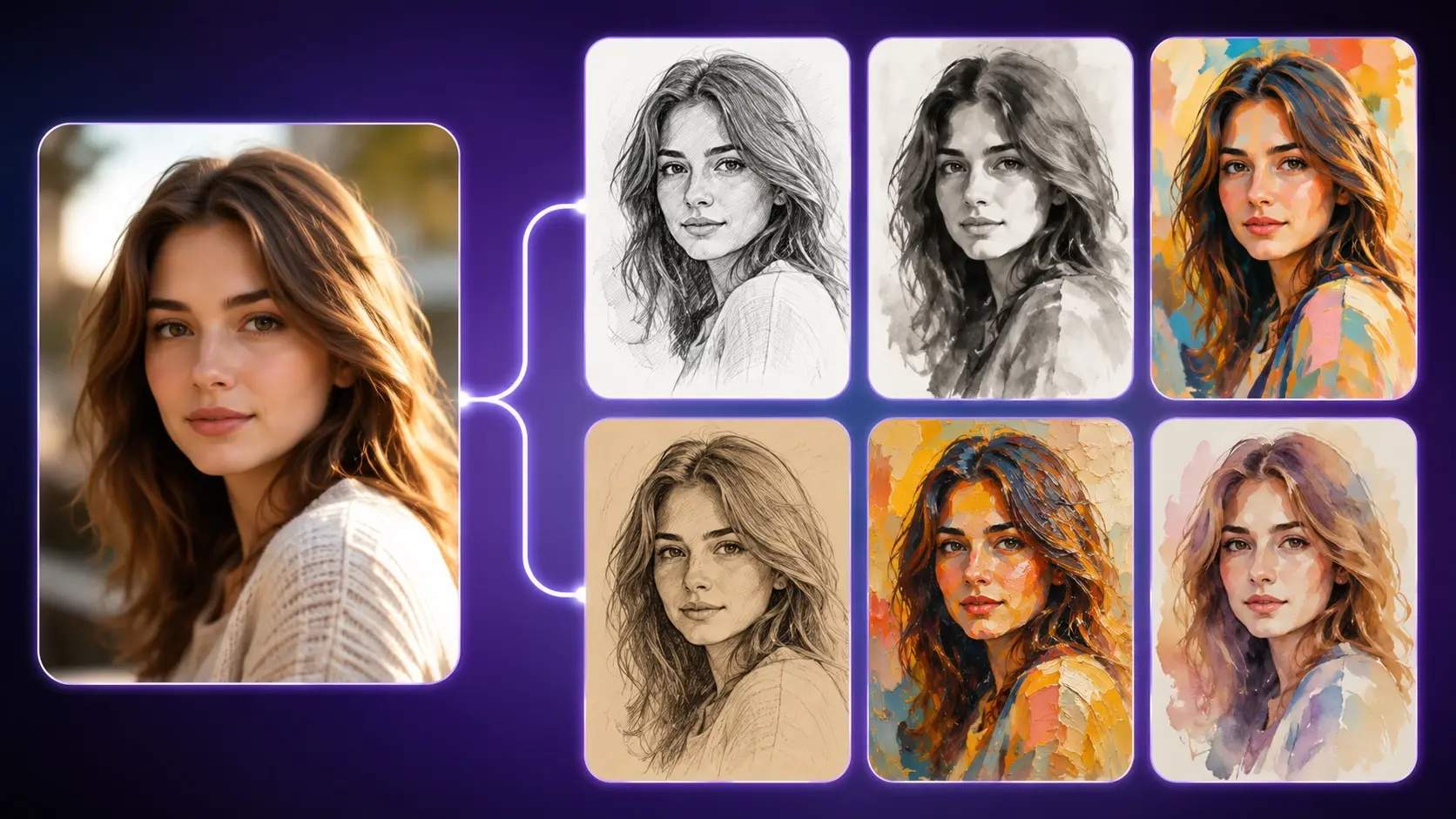 Style switcher showing sketch and painting presets applied to one uploaded portrait