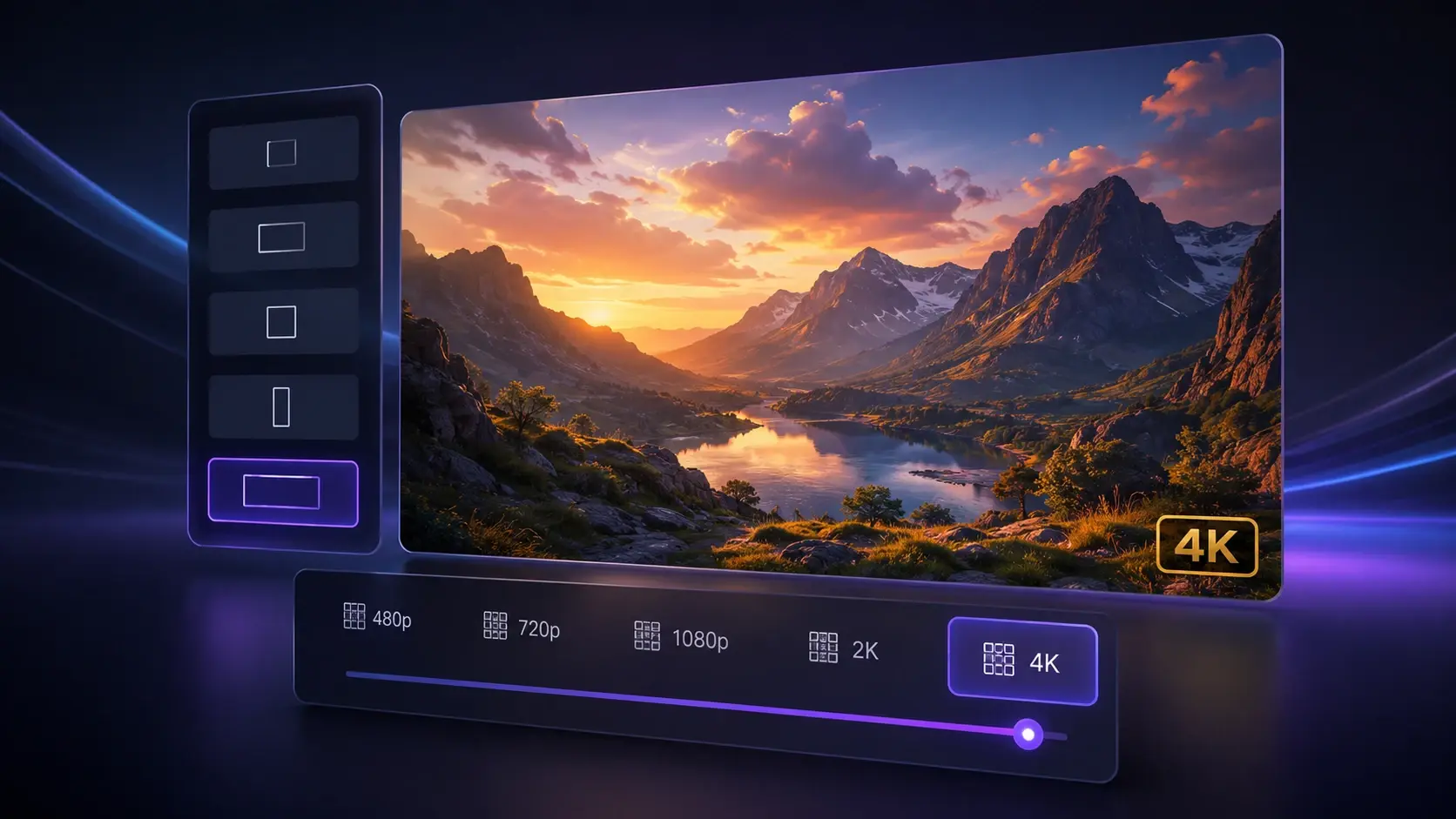 Resolution and aspect ratio menu with a 4K restyled landscape preview in VideoAI