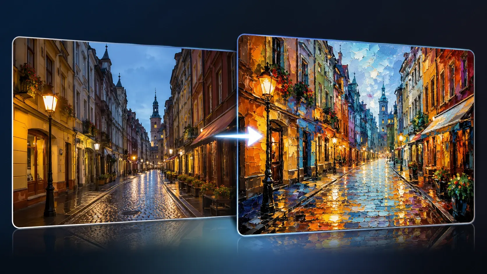 Photo of a street scene being restyled into a painted version side by side in VideoAI