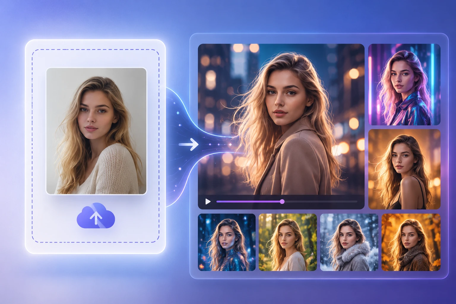 Upload panel accepting a JPG portrait into the VideoAI workspace for restyling
