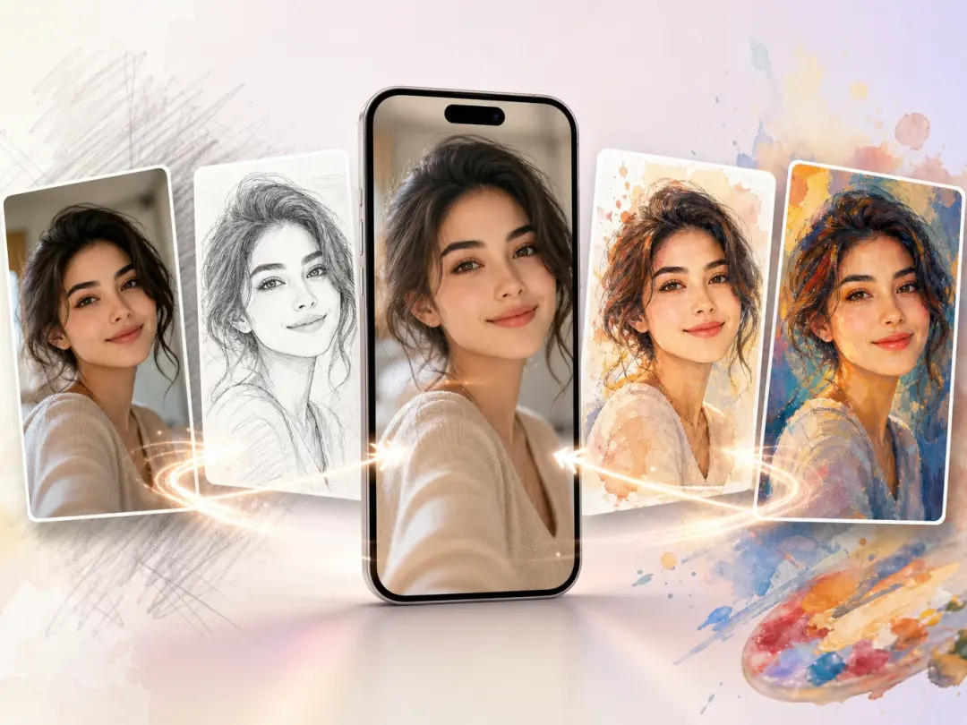 Creator switching one uploaded selfie through sketch and painting styles for social posts