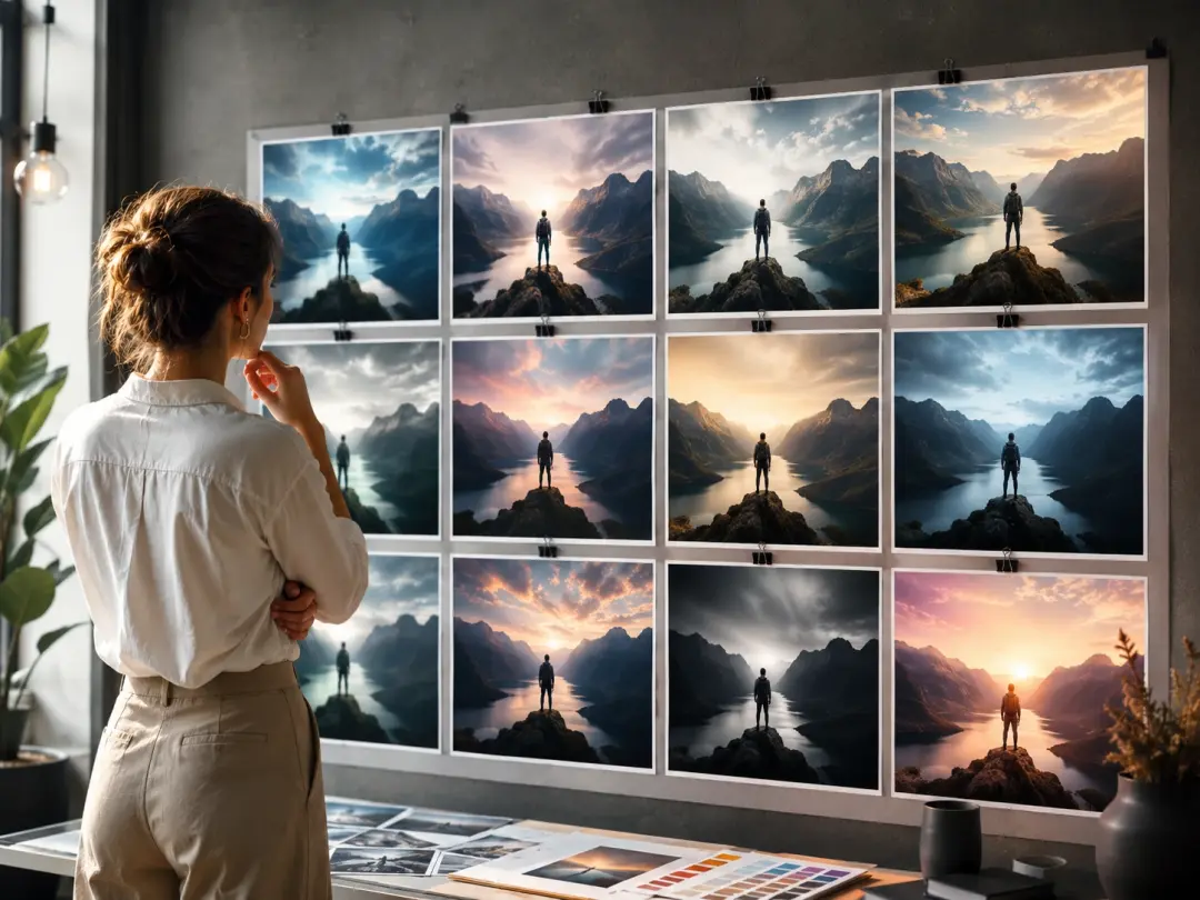 Designer reviewing multiple restyled versions of one image at 4K in a workspace