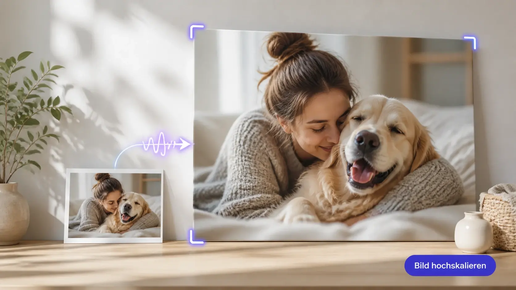 Kleines Foto neben großem 4K Druck zeigt Bild hochskalieren in zwei Größen