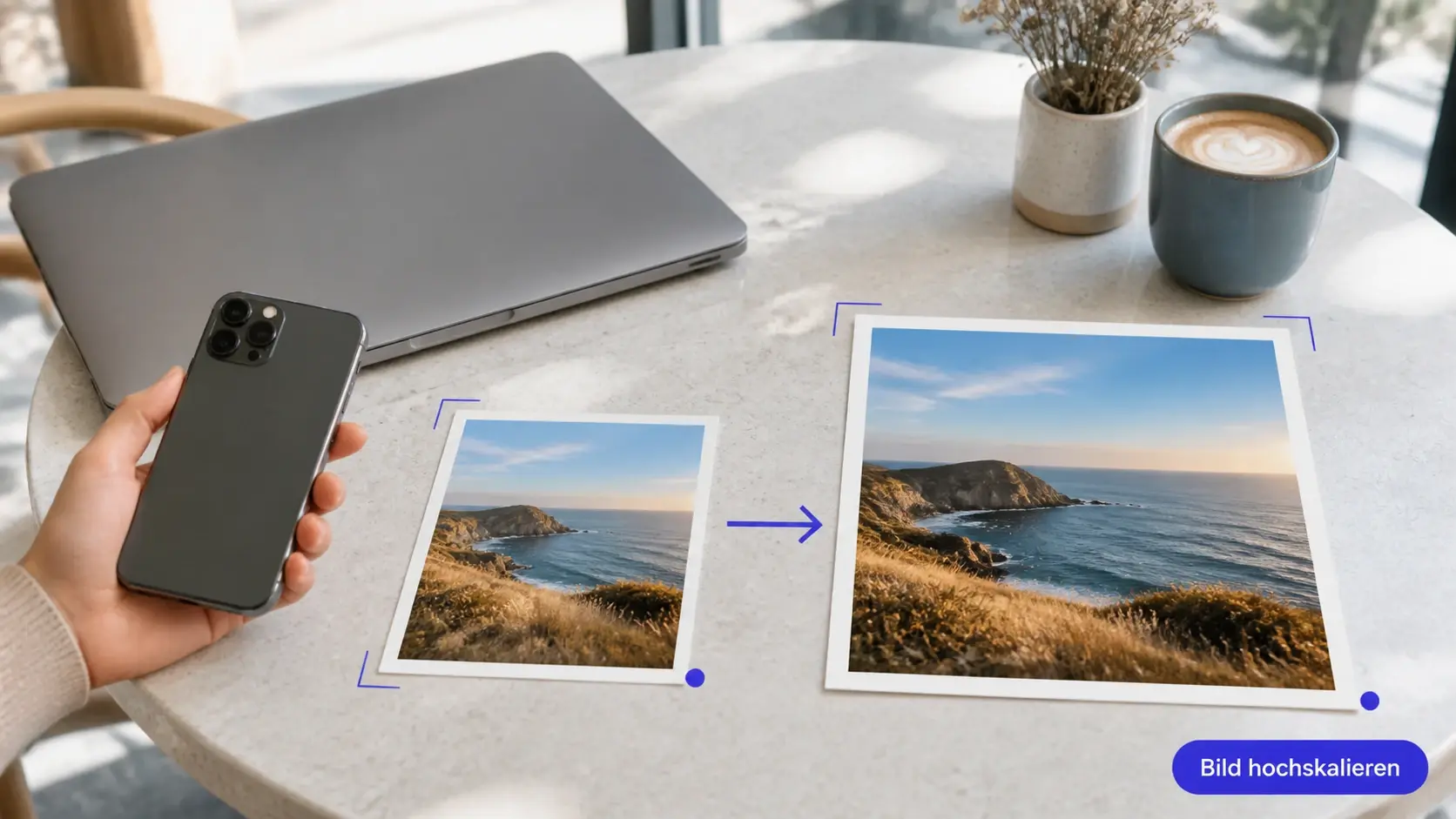 Hand mit Smartphone neben Laptop zeigt Bild hochskalieren unterwegs im Browser