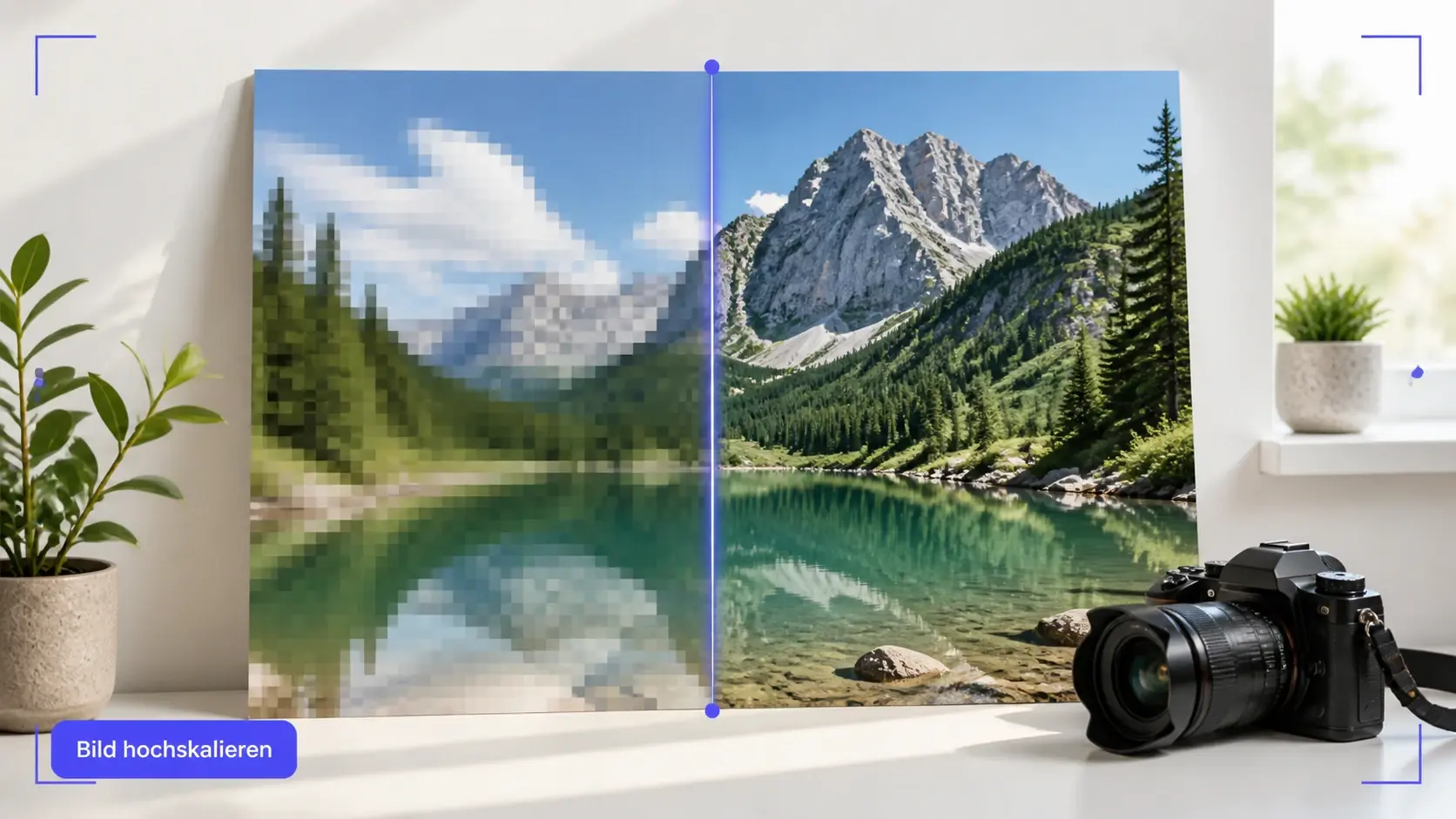 Halb weiches, halb scharfes Produktfoto zeigt Bild hochskalieren mit klaren Kanten
