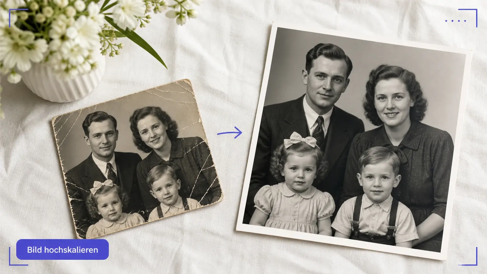Altes Familienfoto gewinnt beim Bild hochskalieren Kontur ohne harte Glättung