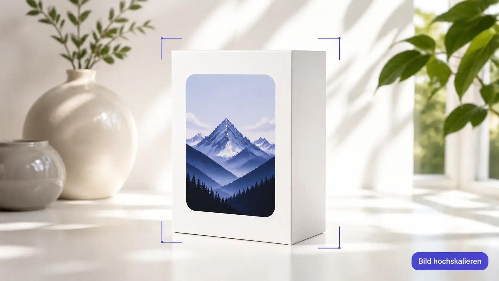 Shopfoto mit sauberen Verpackungskanten nach dem Bild hochskalieren im hellen Studio