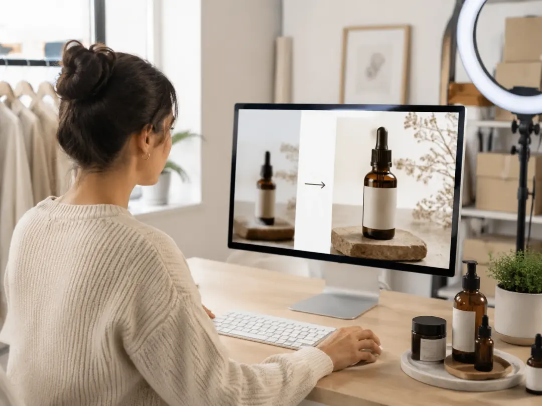 Ecommerce owner reviewing upscaled product photos on monitor