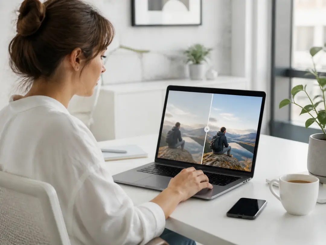 Social media marketer enhancing an older post image to higher resolution