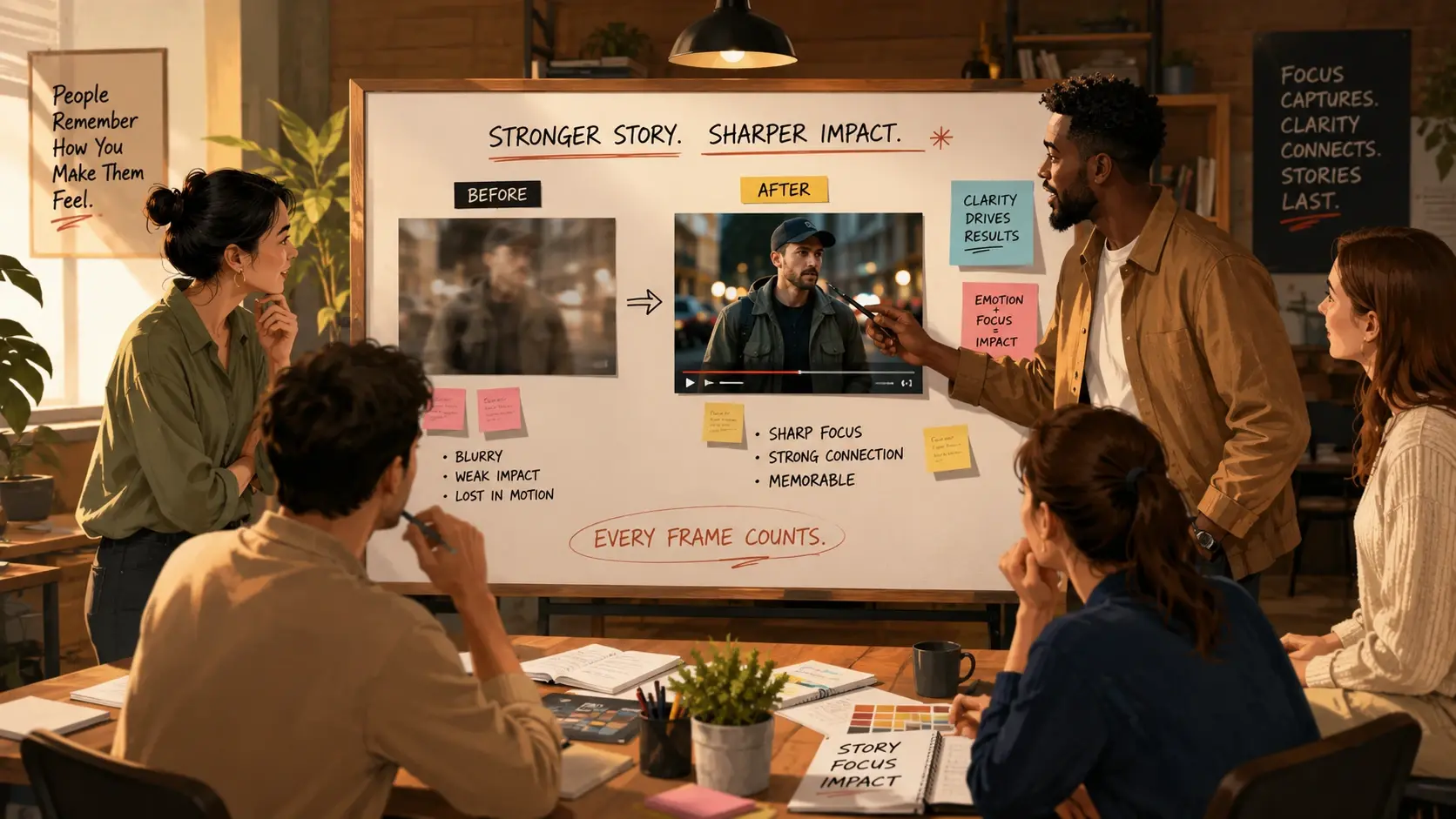 Marketing team previewing a compressed asset upscaled to a presentable resolution in VideoAI