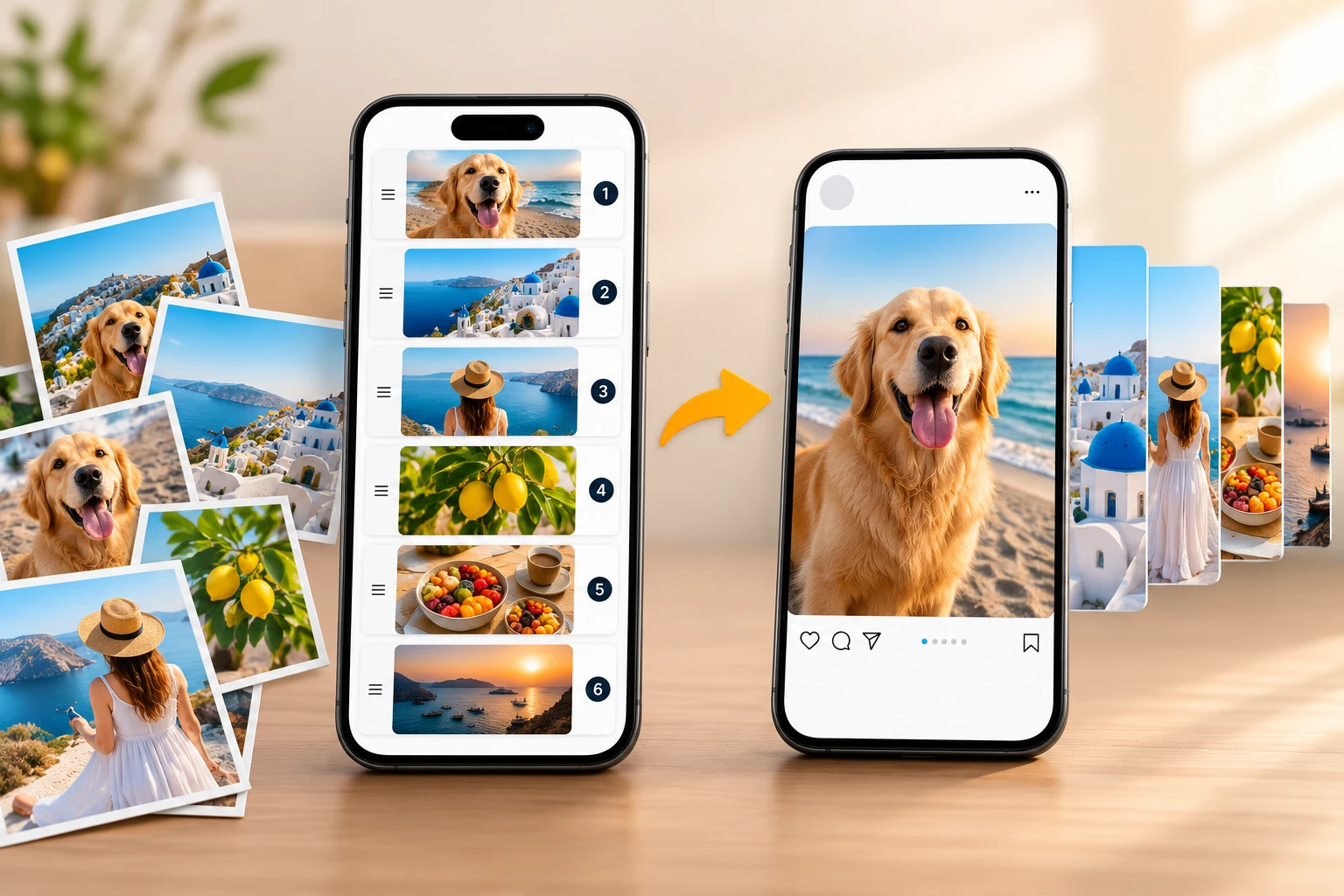 A set of photos being arranged in swipe order for one Instagram carousel video