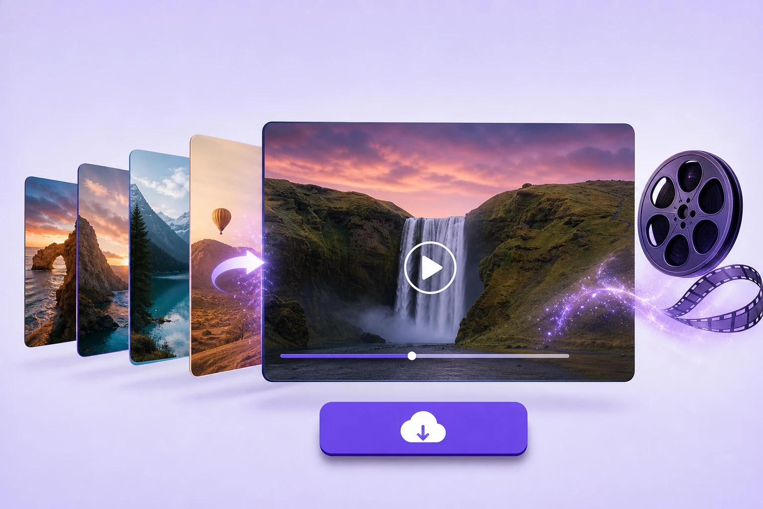 A finished carousel video playing with transitions beside a ready download button