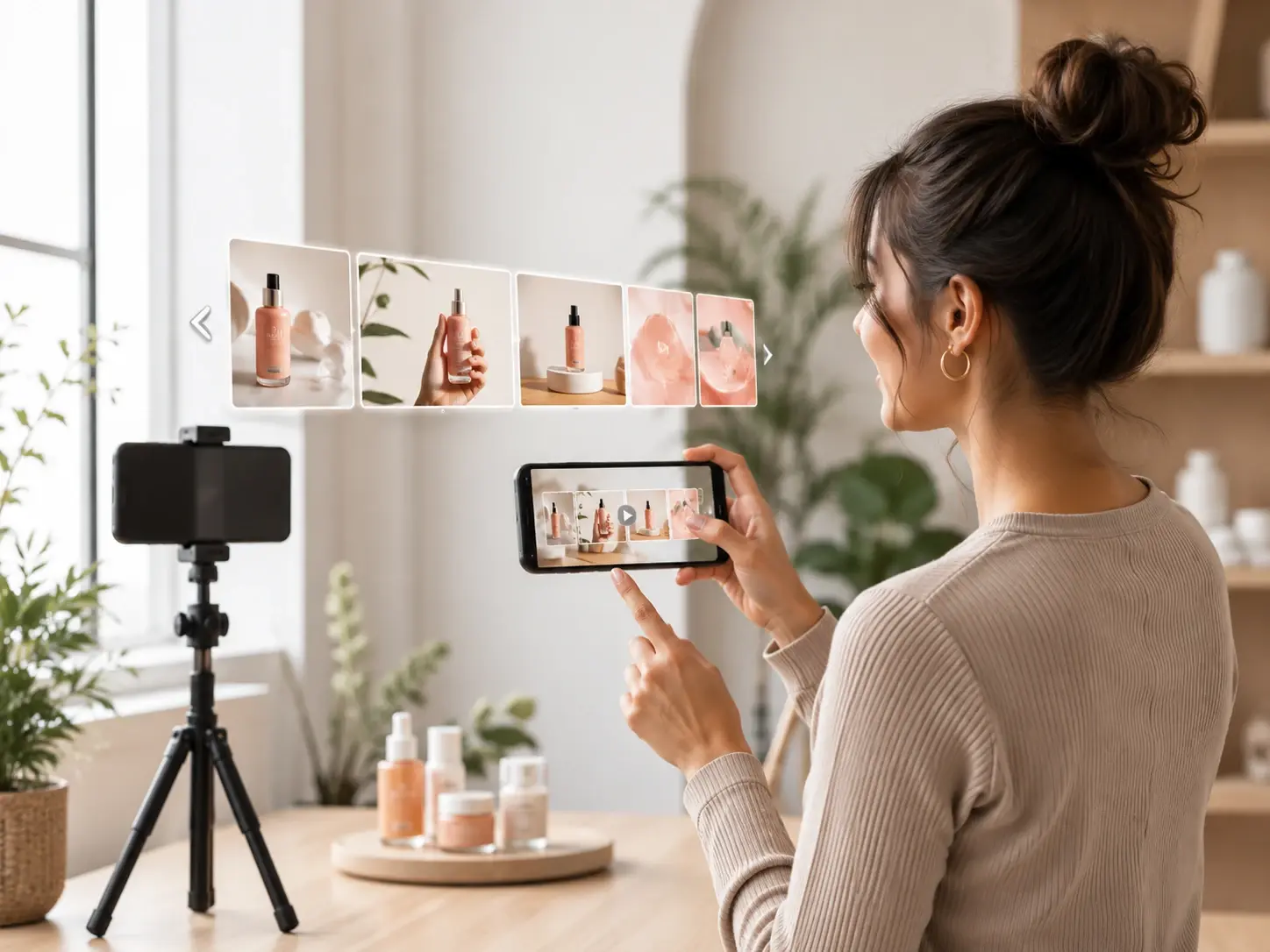 A social creator turning a batch of product images into a posted carousel video