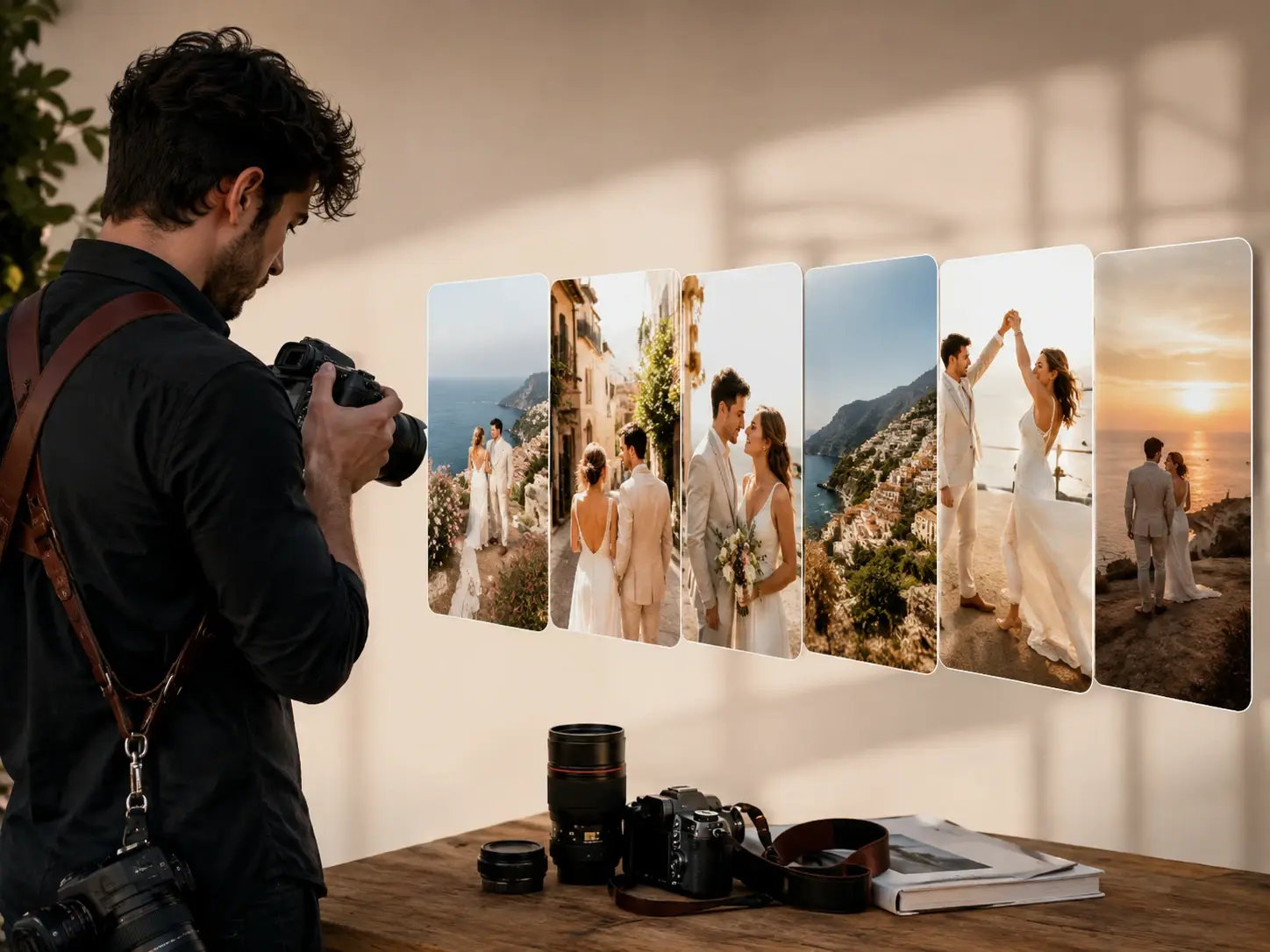 A photographer shaping wedding and travel frames into one consistent swipe recap