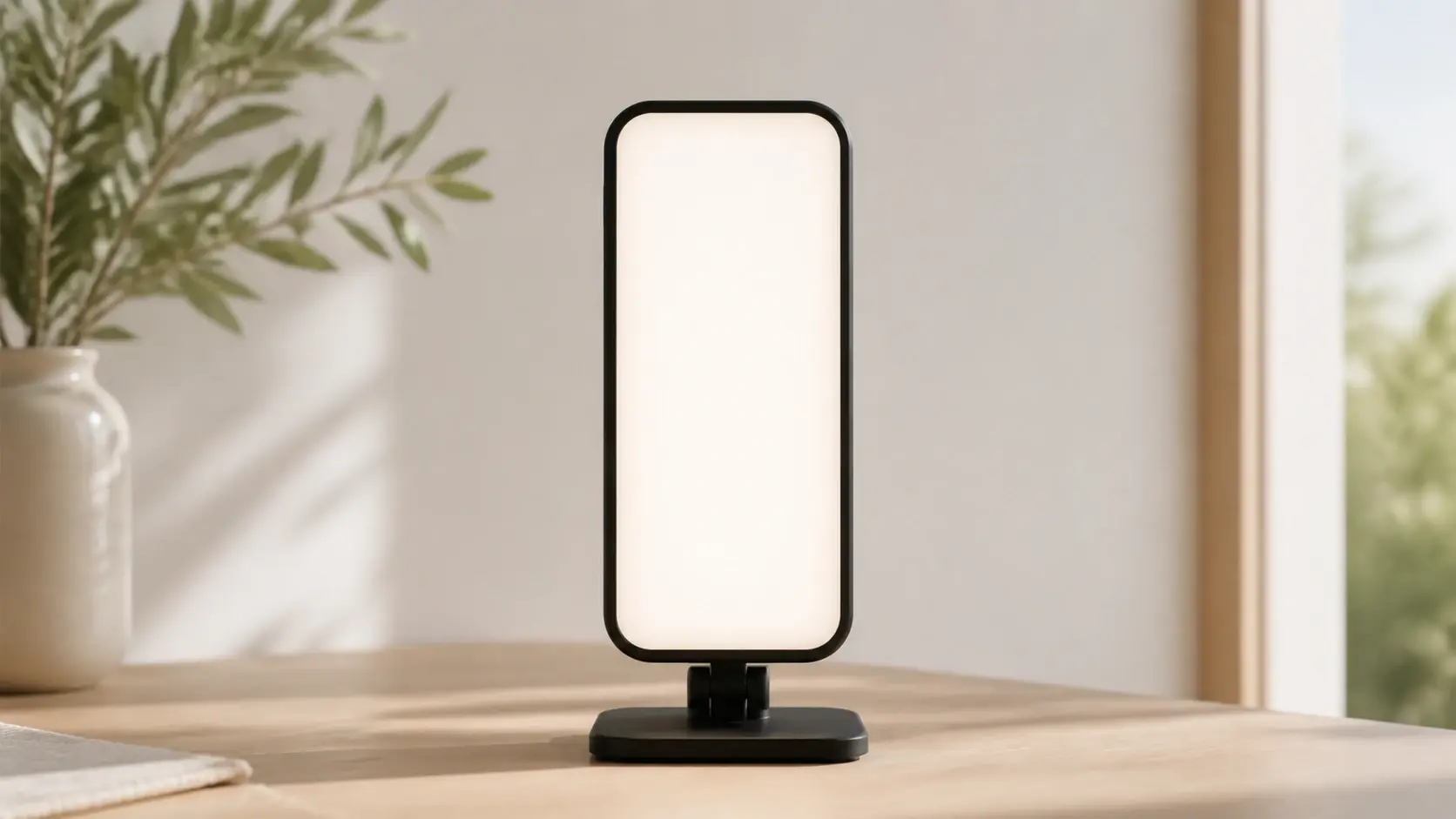 Soft vertical phone shaped light panel on a calm studio surface
