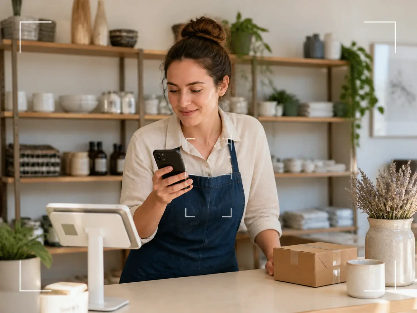 Small shop owner checking a vertical Instagram clip between tasks at the counter