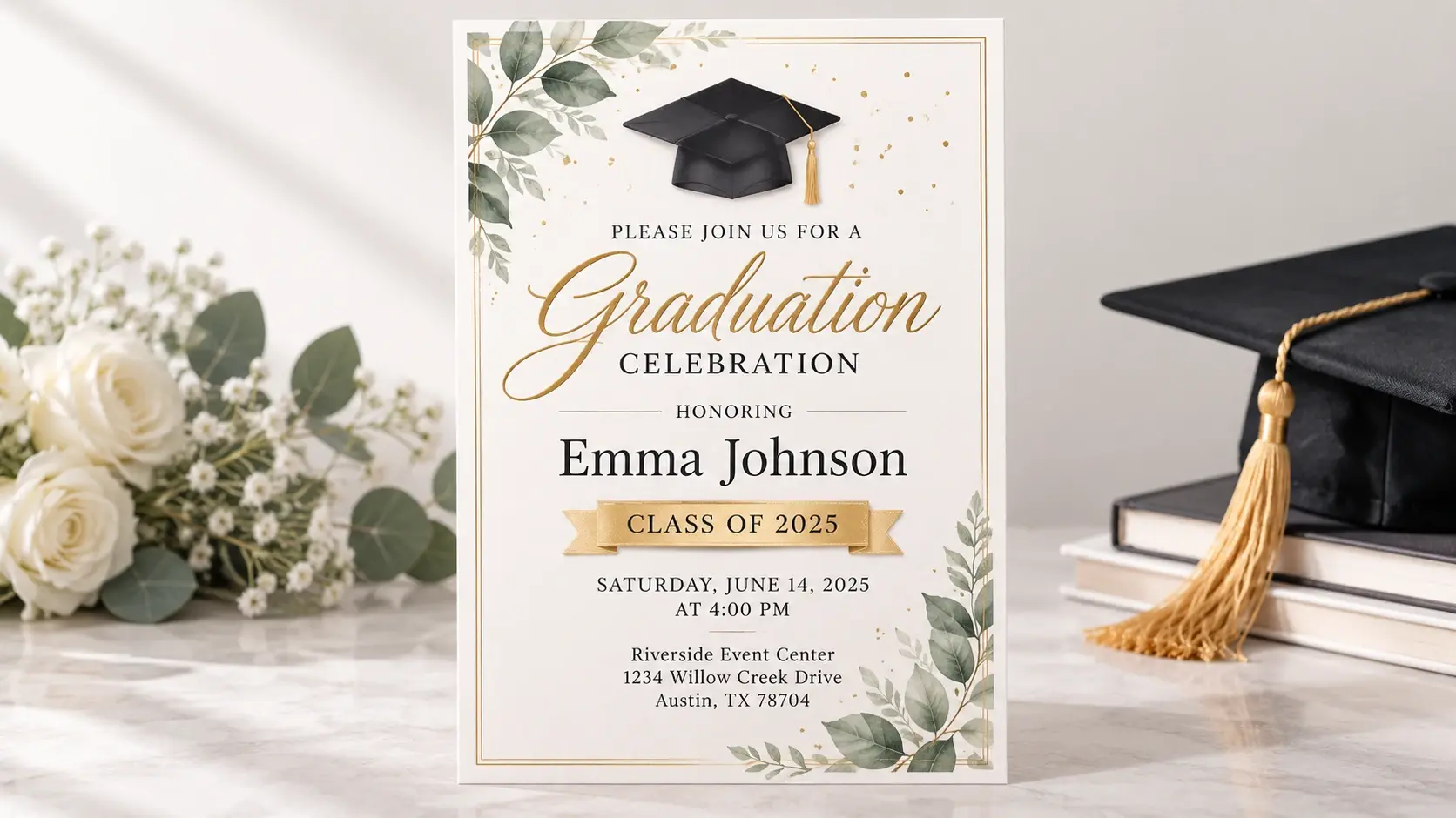Close view of a graduation invitation showing crisp rendered name, class year, date and venue text