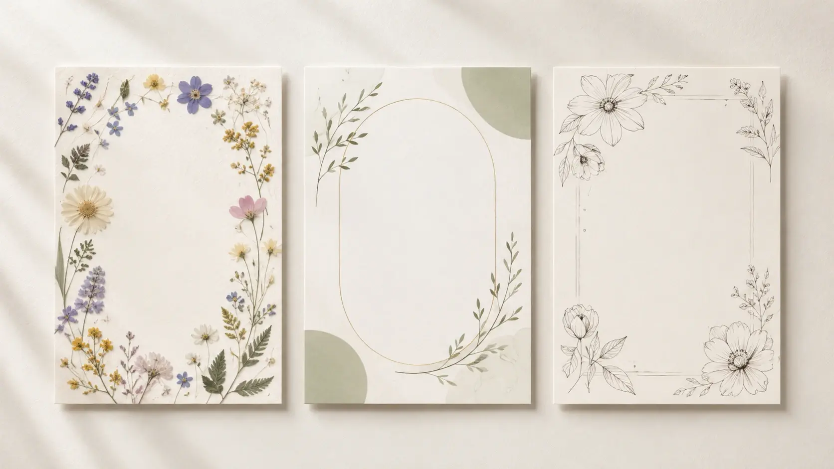 Three invitation card designs in floral, minimal and hand drawn styles from prompts
