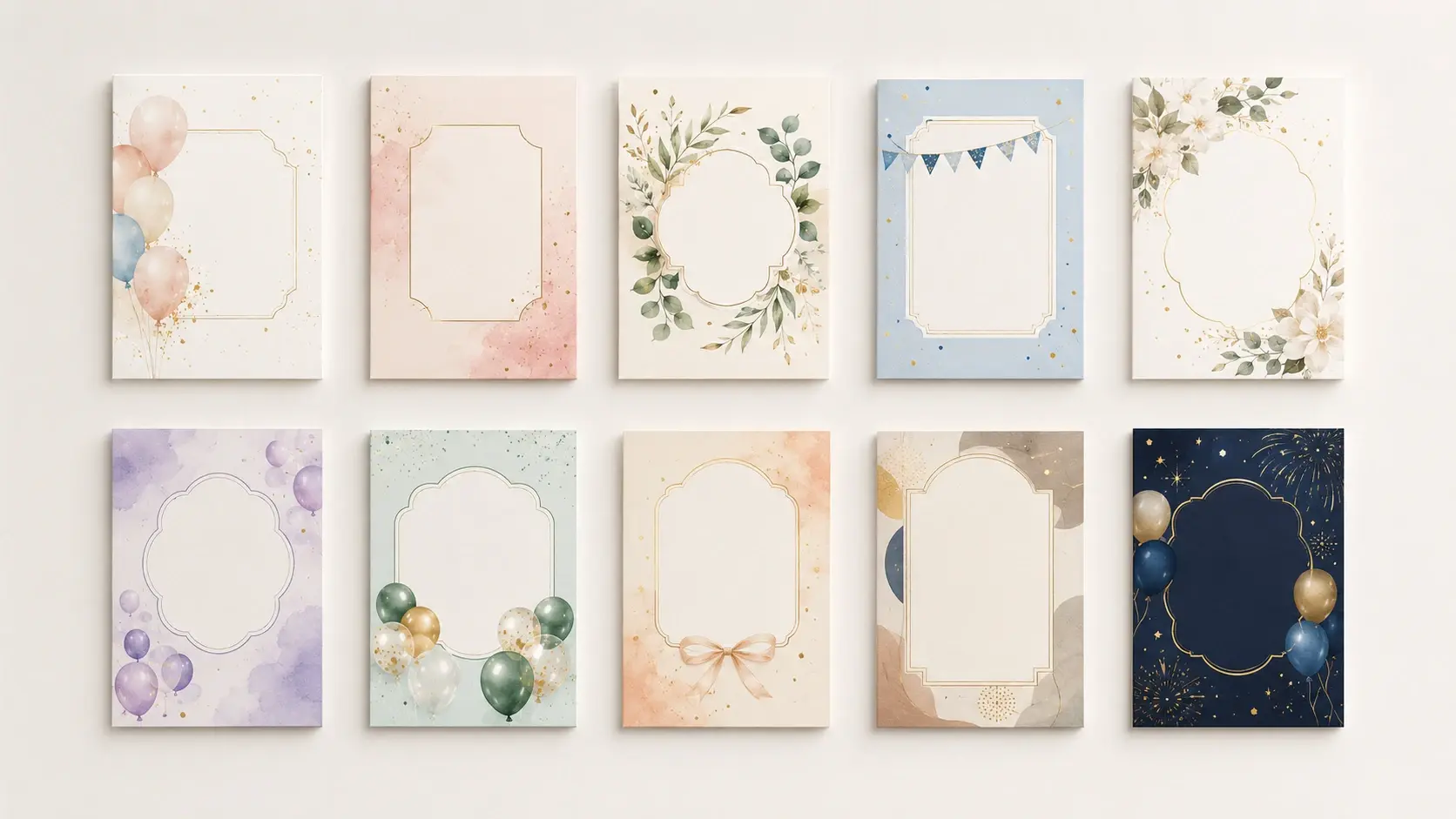 Grid of batch generated birthday invitation variations in different palettes ready for comparison