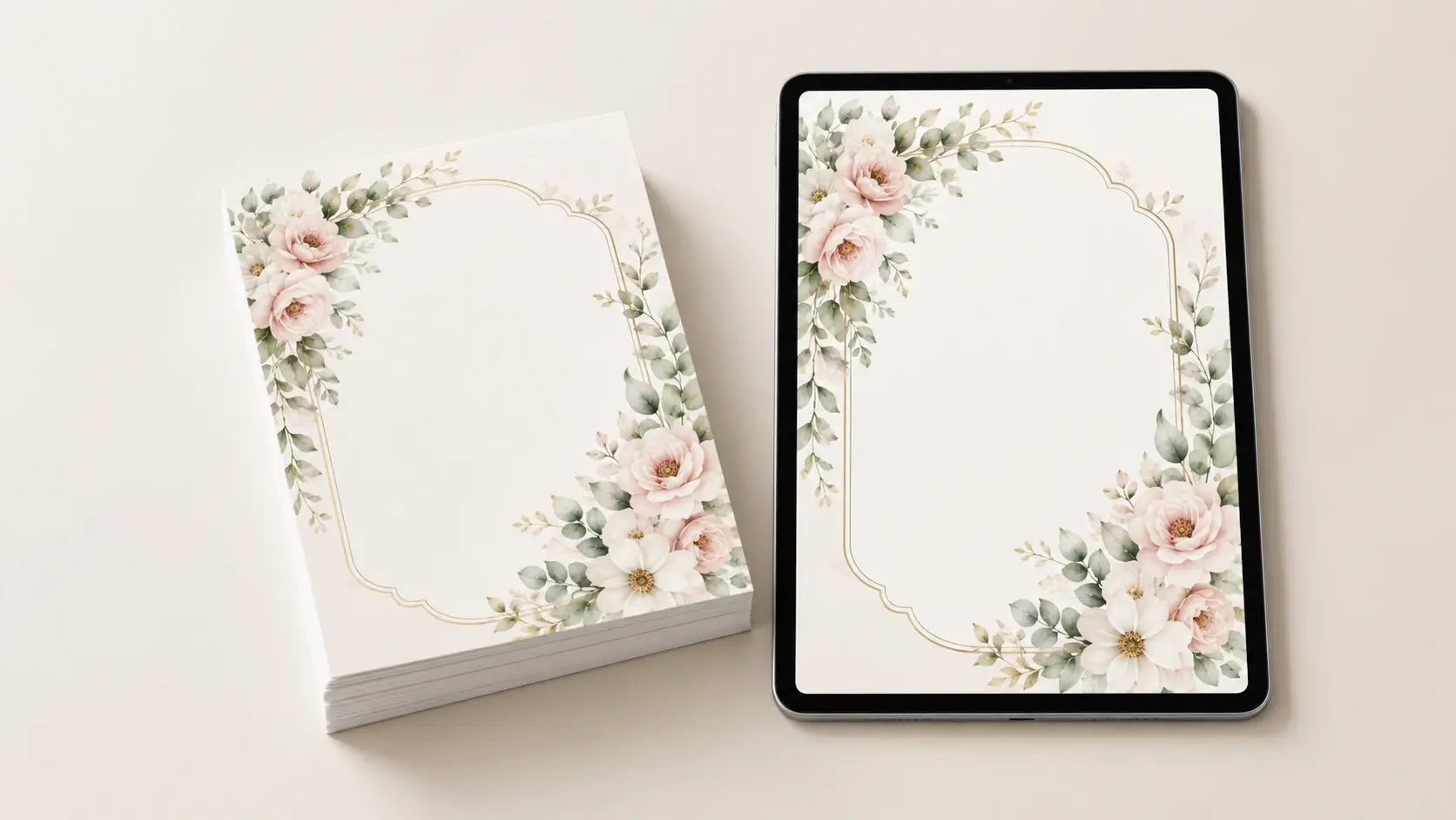 Stack of printed invitation cards beside a 4K download preview with clean corners and no watermark
