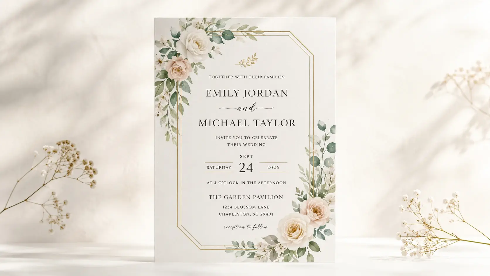 Floral wedding invitation design with legible bride and groom names, date and venue address