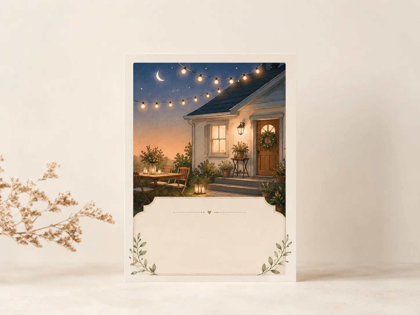 Host reviewing a housewarming invitation design with warm palette, address block and start time