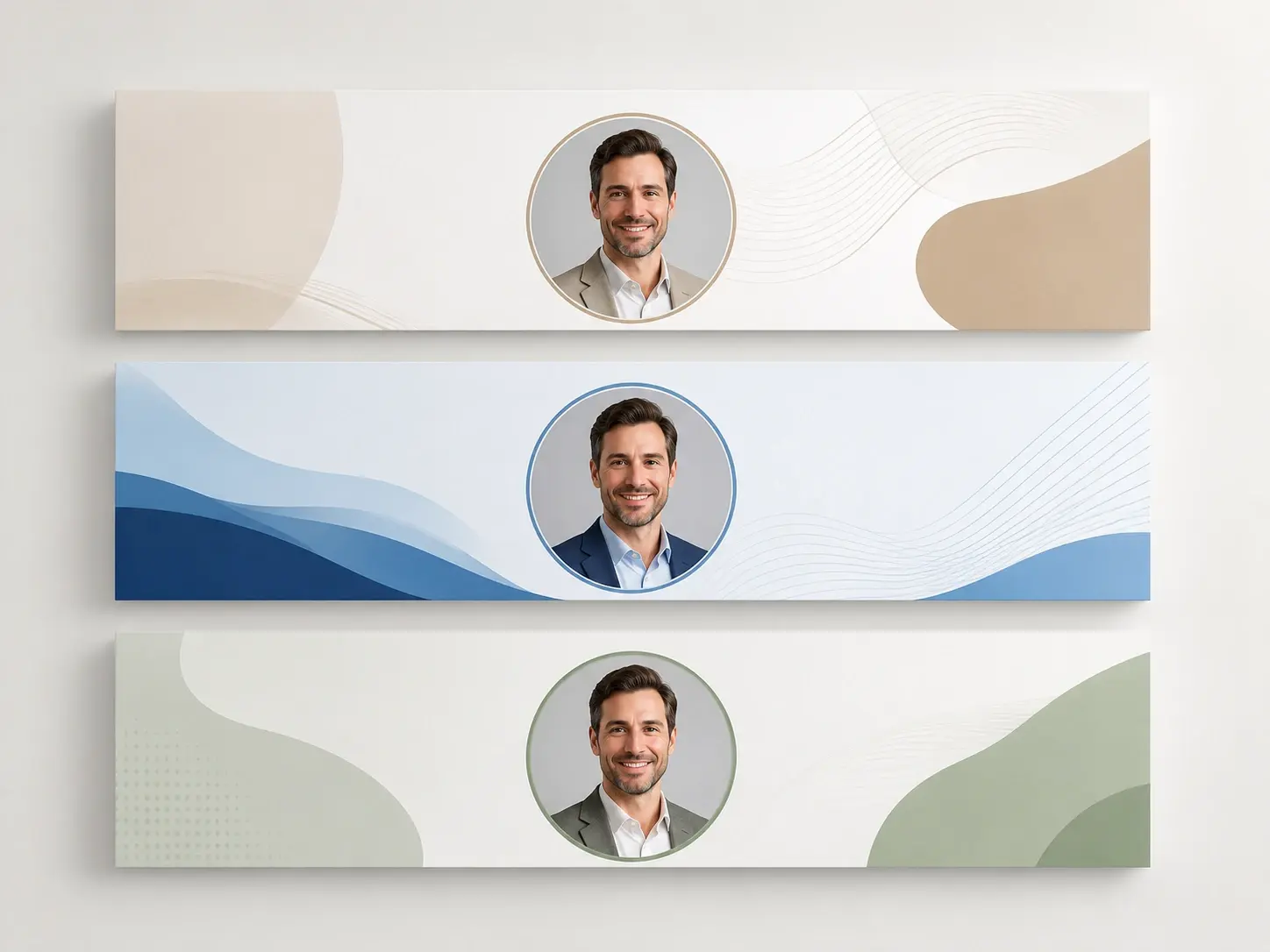 Founder profile banner carrying a company logo, brand color palette and positioning line