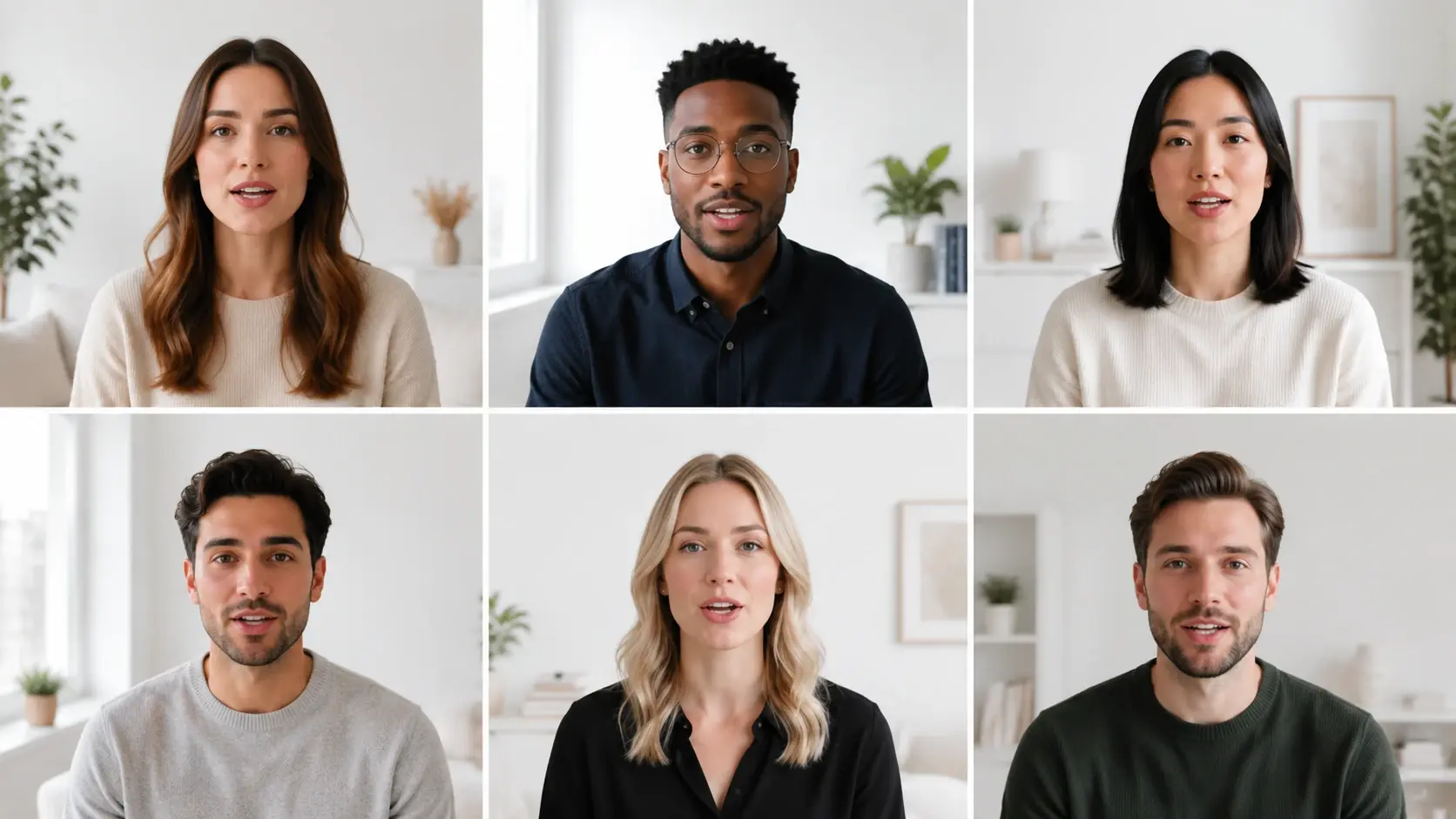 Grid of six people speaking to camera with consistent lip-sync