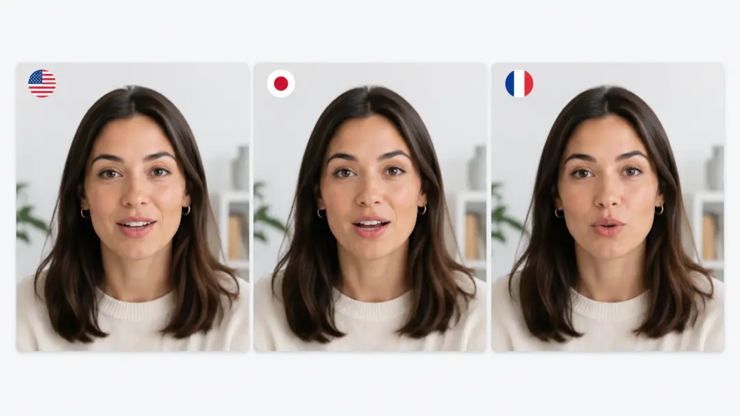Same person dubbed in three languages with different mouth positions