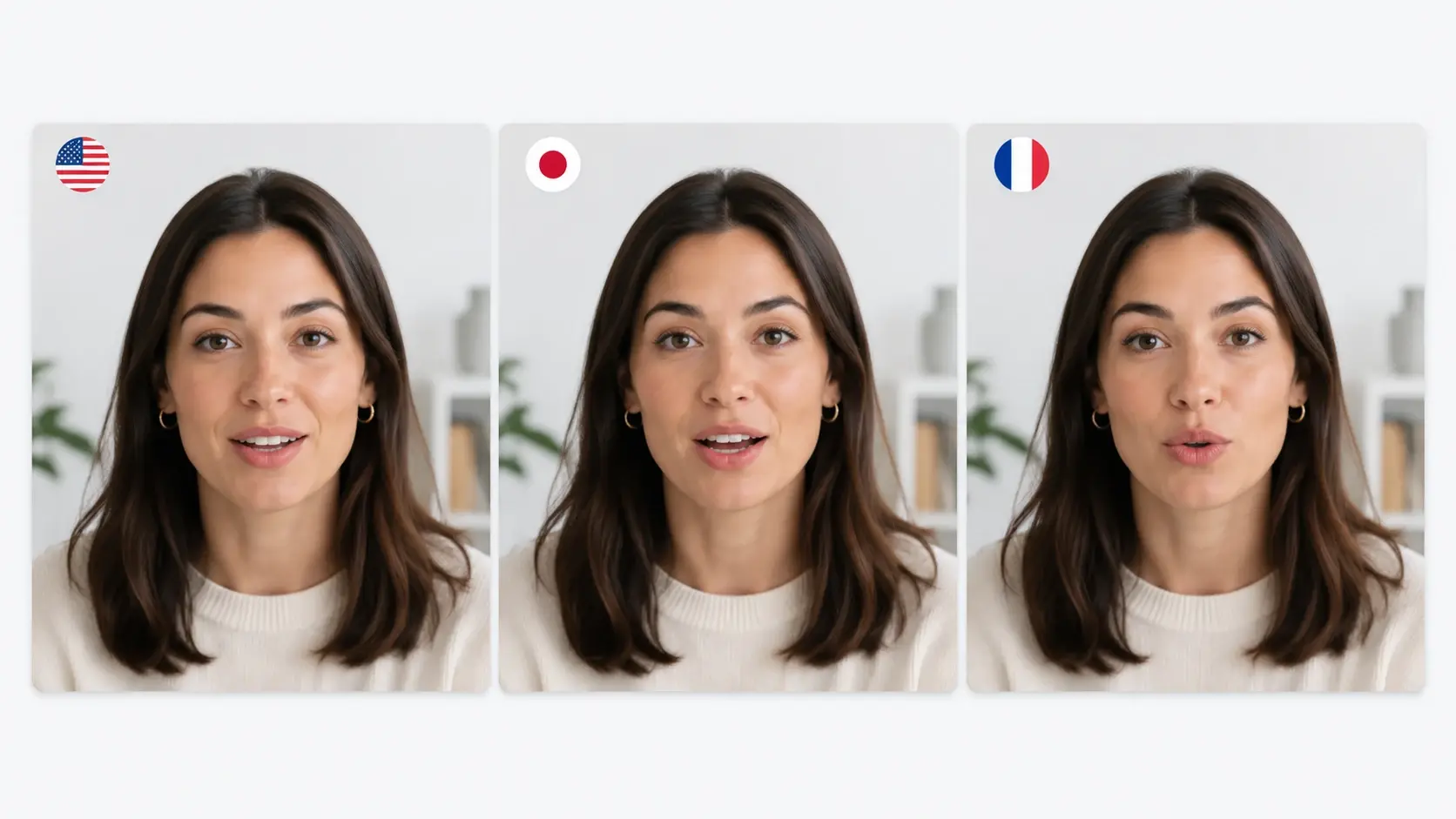 Same person dubbed in three languages with different mouth positions