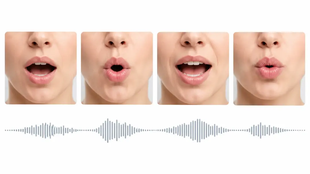 Four mouth positions forming different vowel shapes with waveform