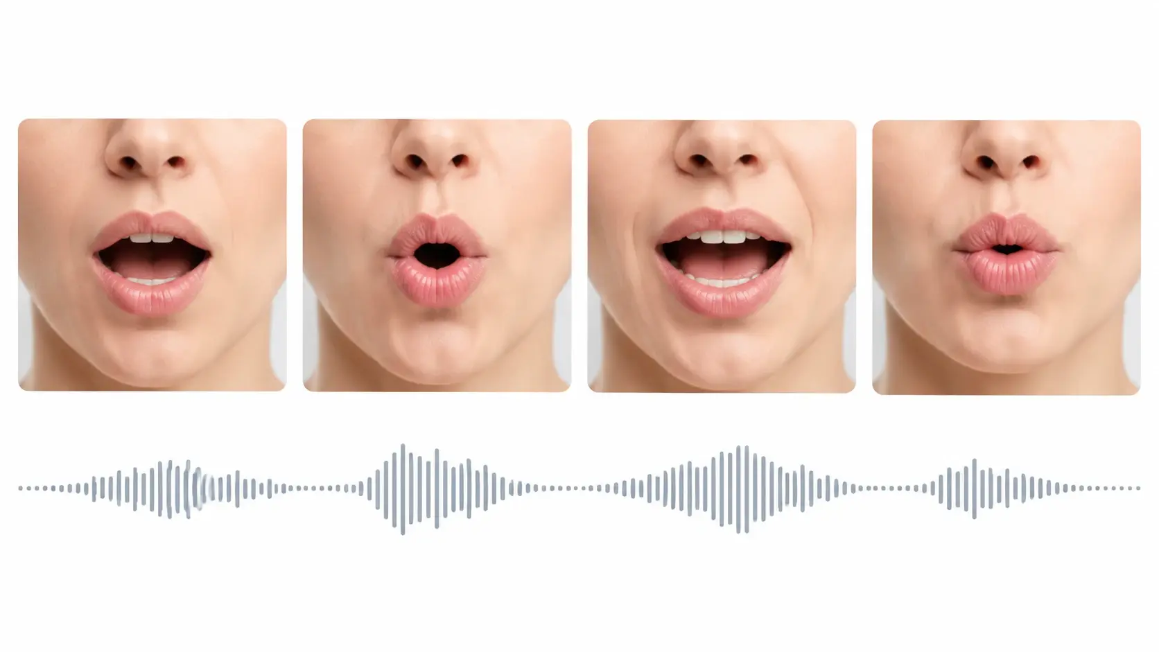 Four mouth positions forming different vowel shapes with waveform