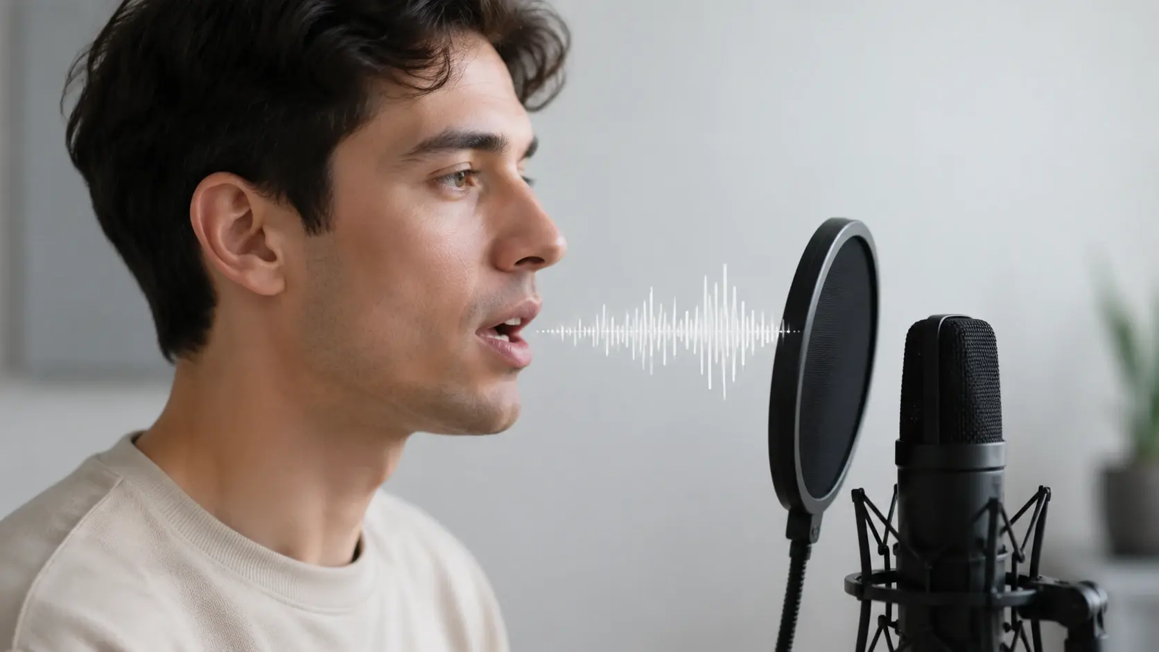 Person speaking with audio waveform overlay showing lip synchronization