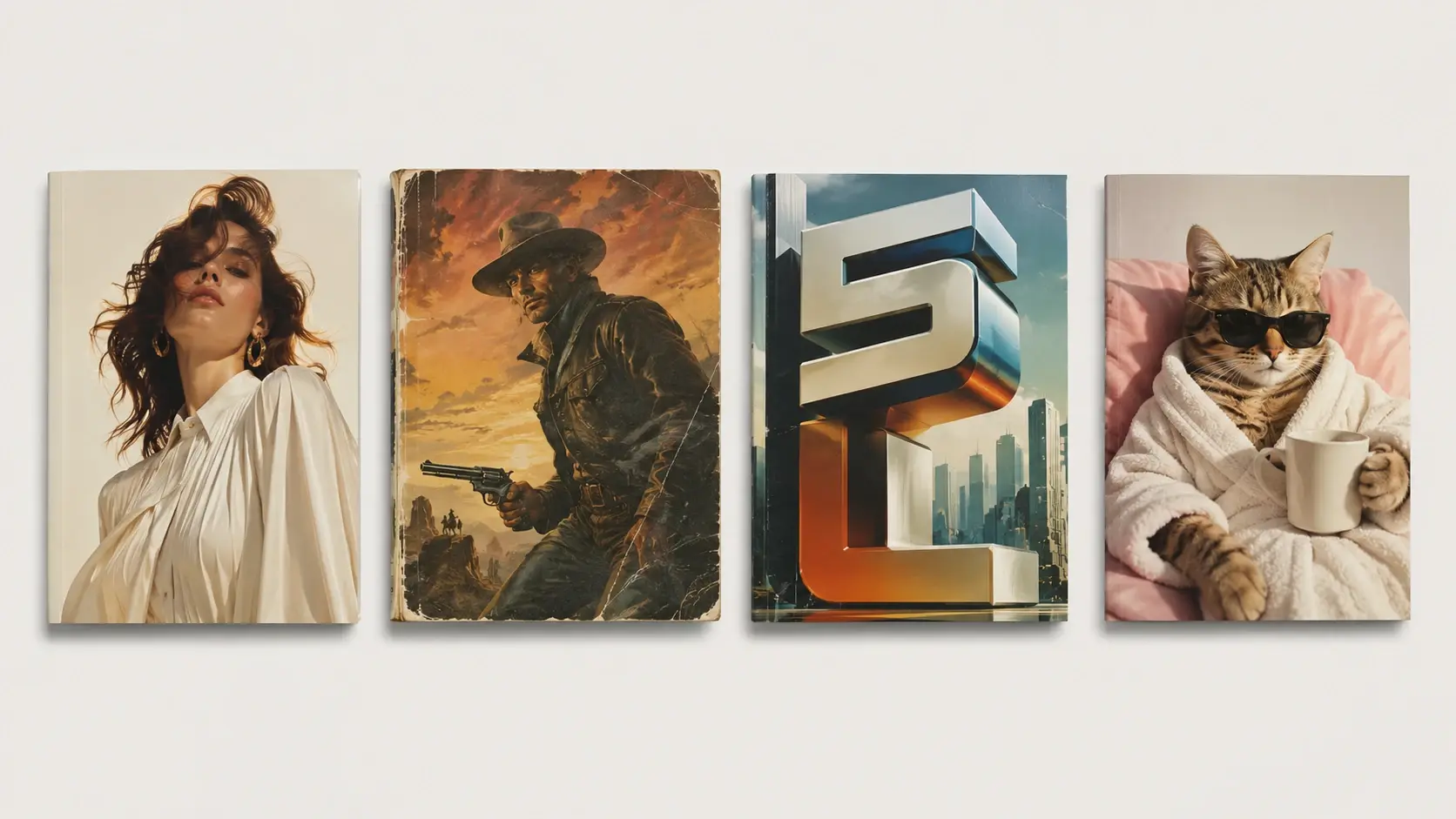 Four magazine cover generator looks: fashion, pulp, dimensional 3D type and a joke cover