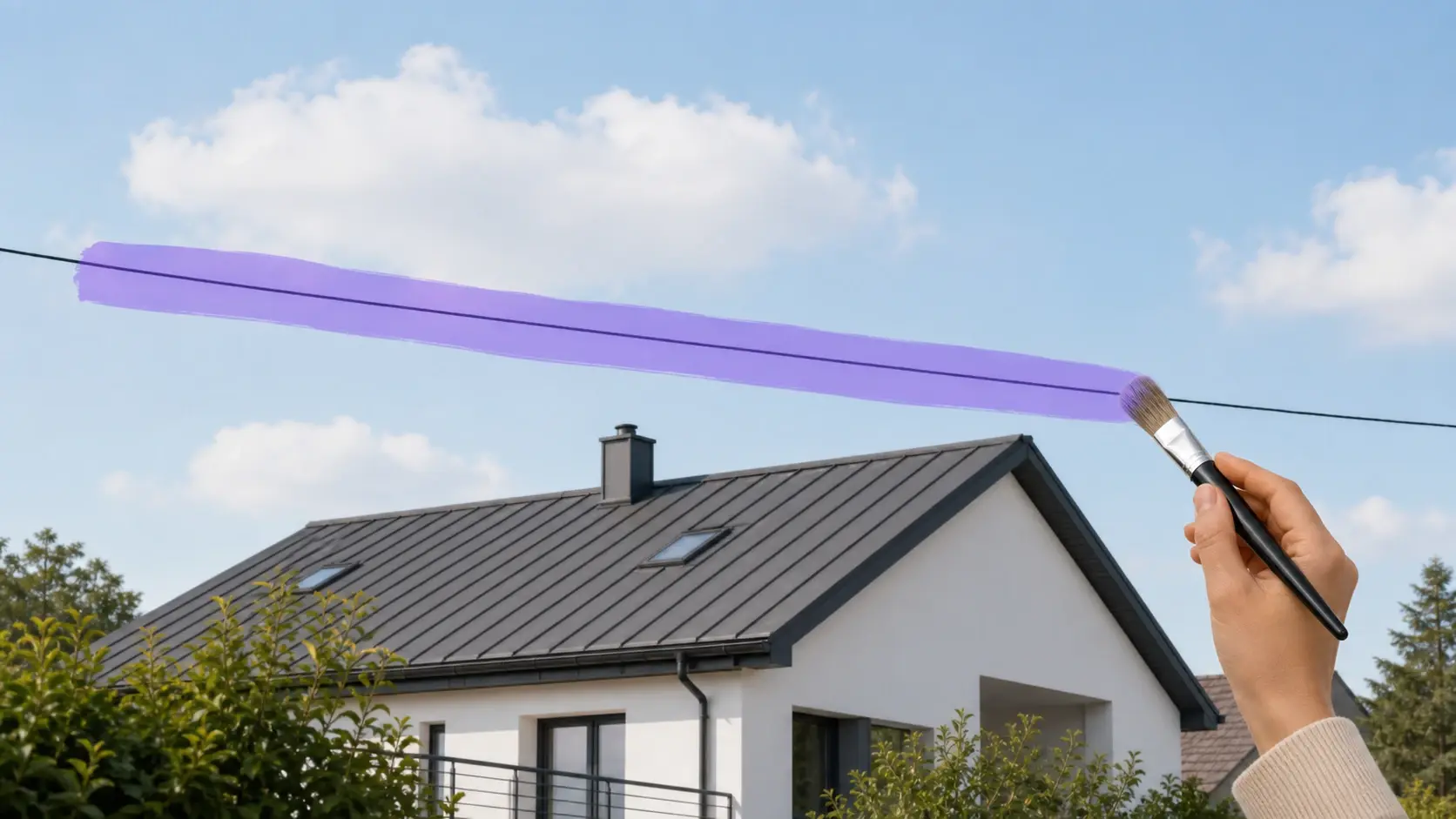 Brush stroke covering a power line across a rooftop photo before removal