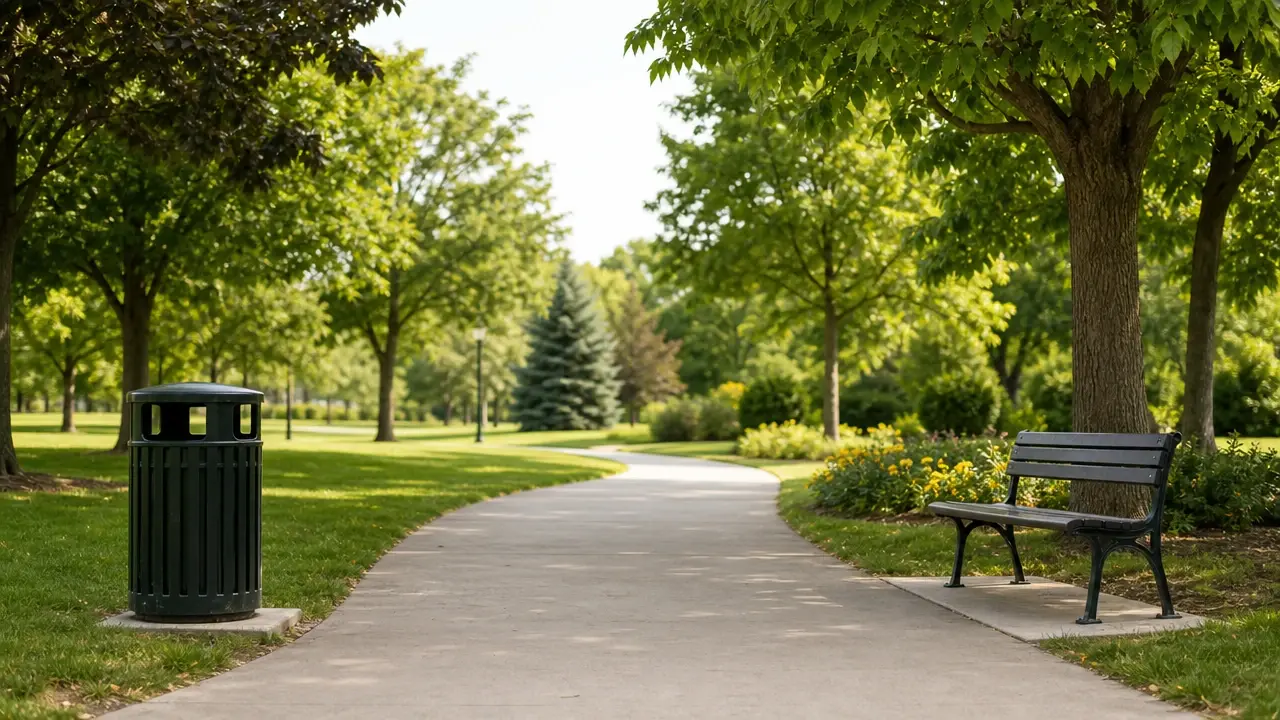 Text prompt describing the bin on the left of a park photo for removal