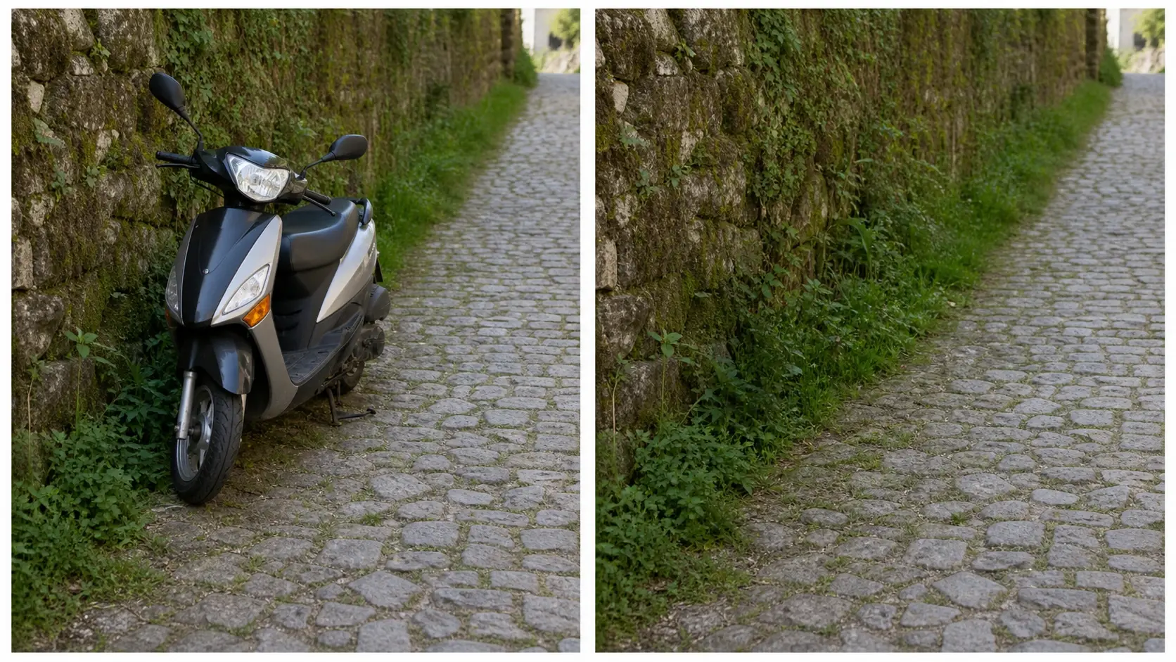 Close view of rebuilt cobblestone and grass where a parked scooter used to sit