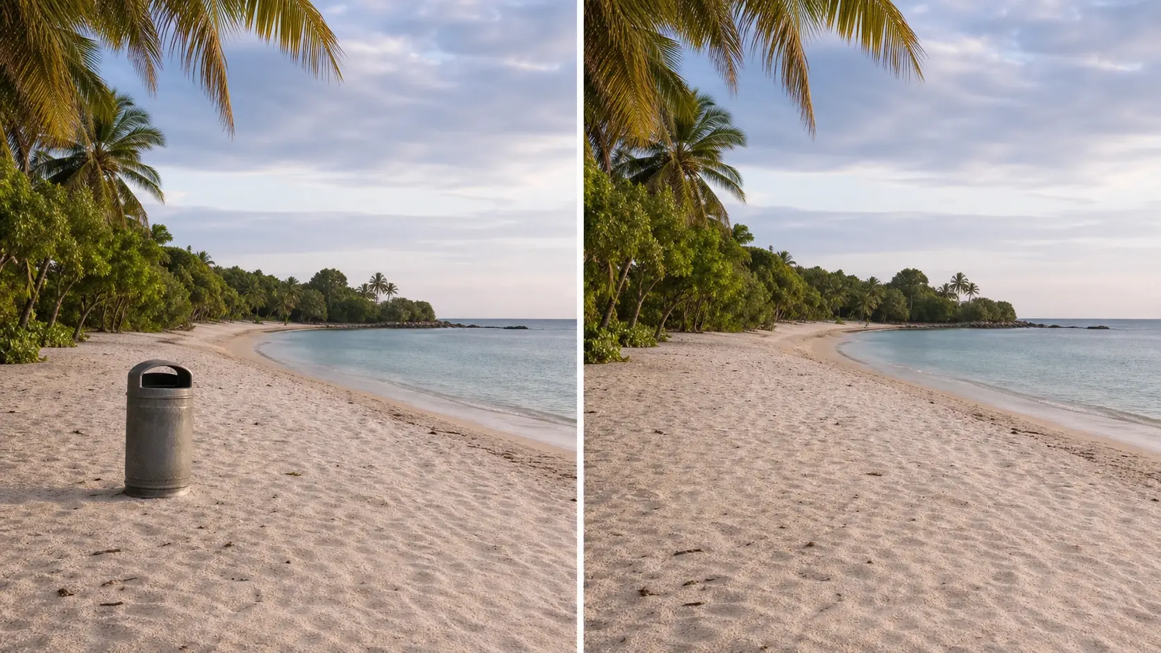 Photo of a beach with a stray trash bin brushed over and erased by the magic eraser