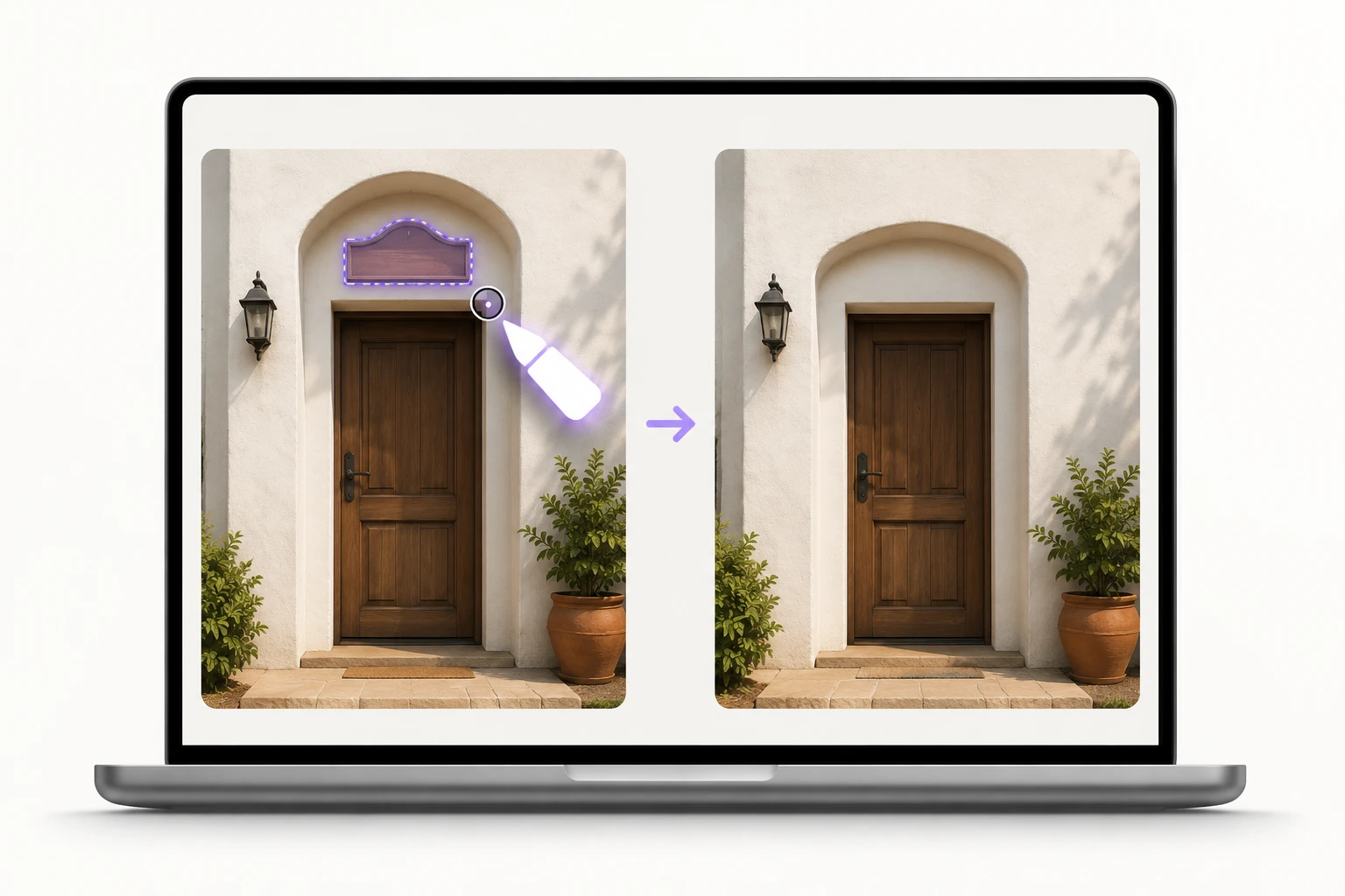 Brush selection over a doorway sign next to a typed description of the same object