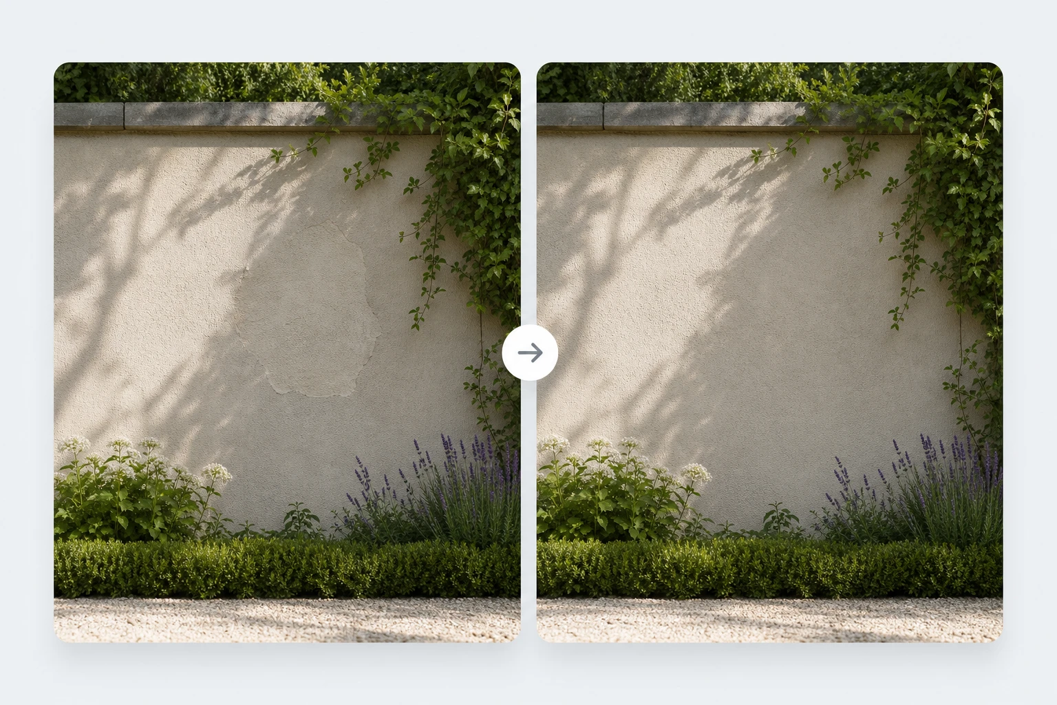 Preview comparing a first erase pass and a refined second pass on a garden wall