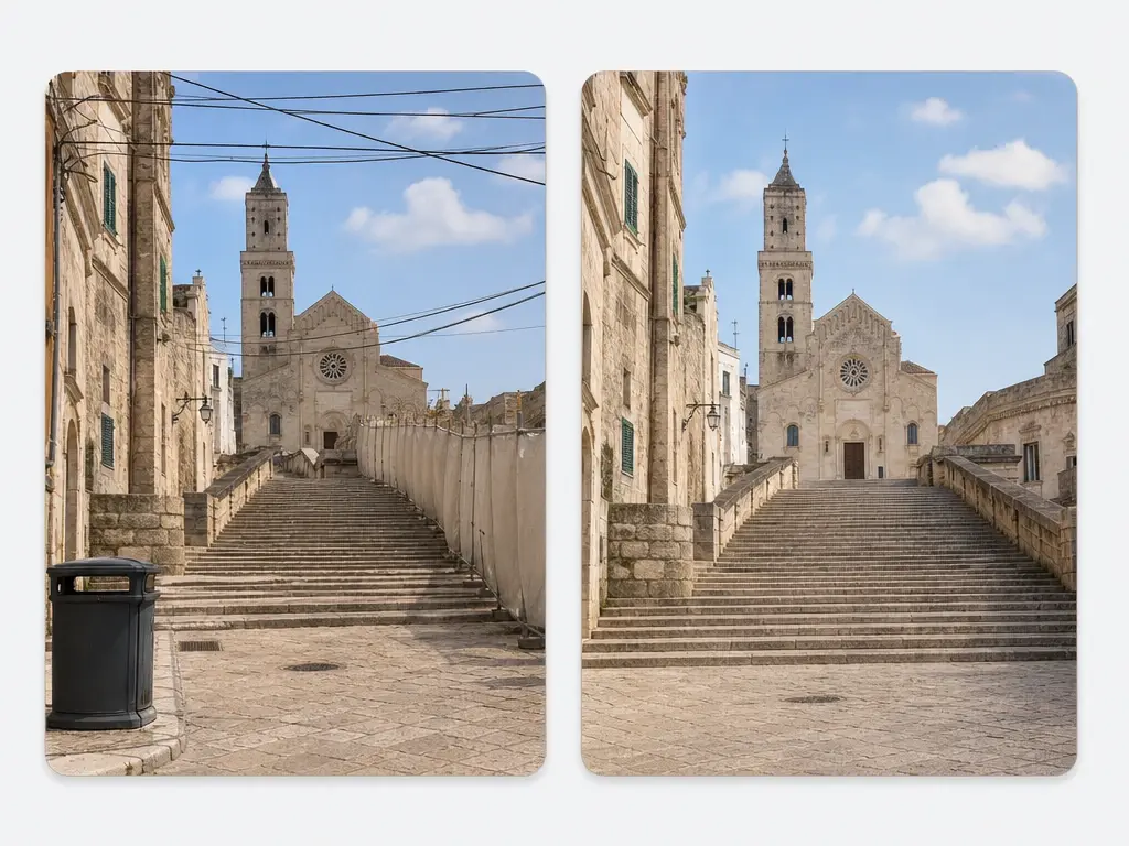 Landmark photo with a bin and overhead wires erased and stone steps rebuilt behind